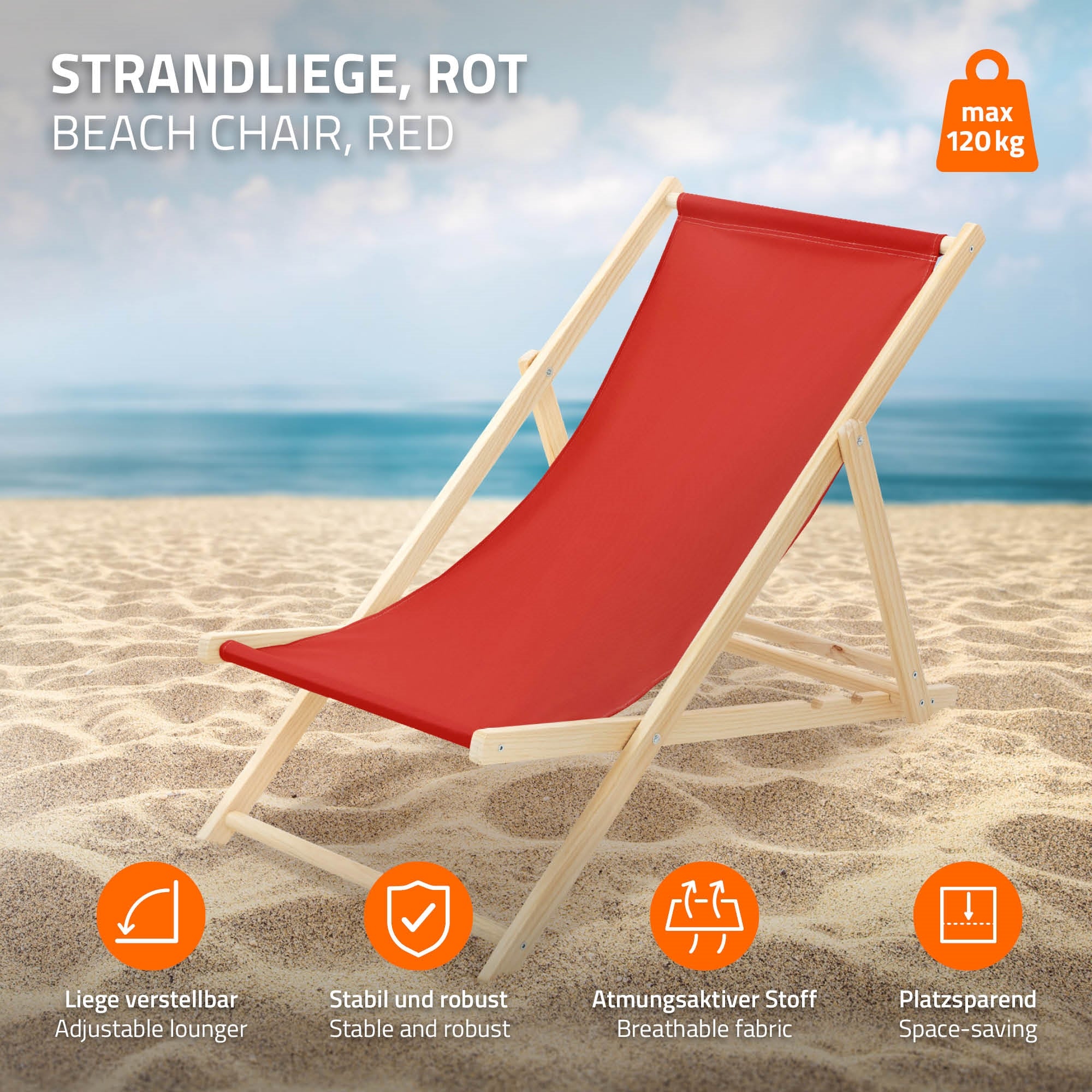 Red deck chair on a sandy beach with information about features.