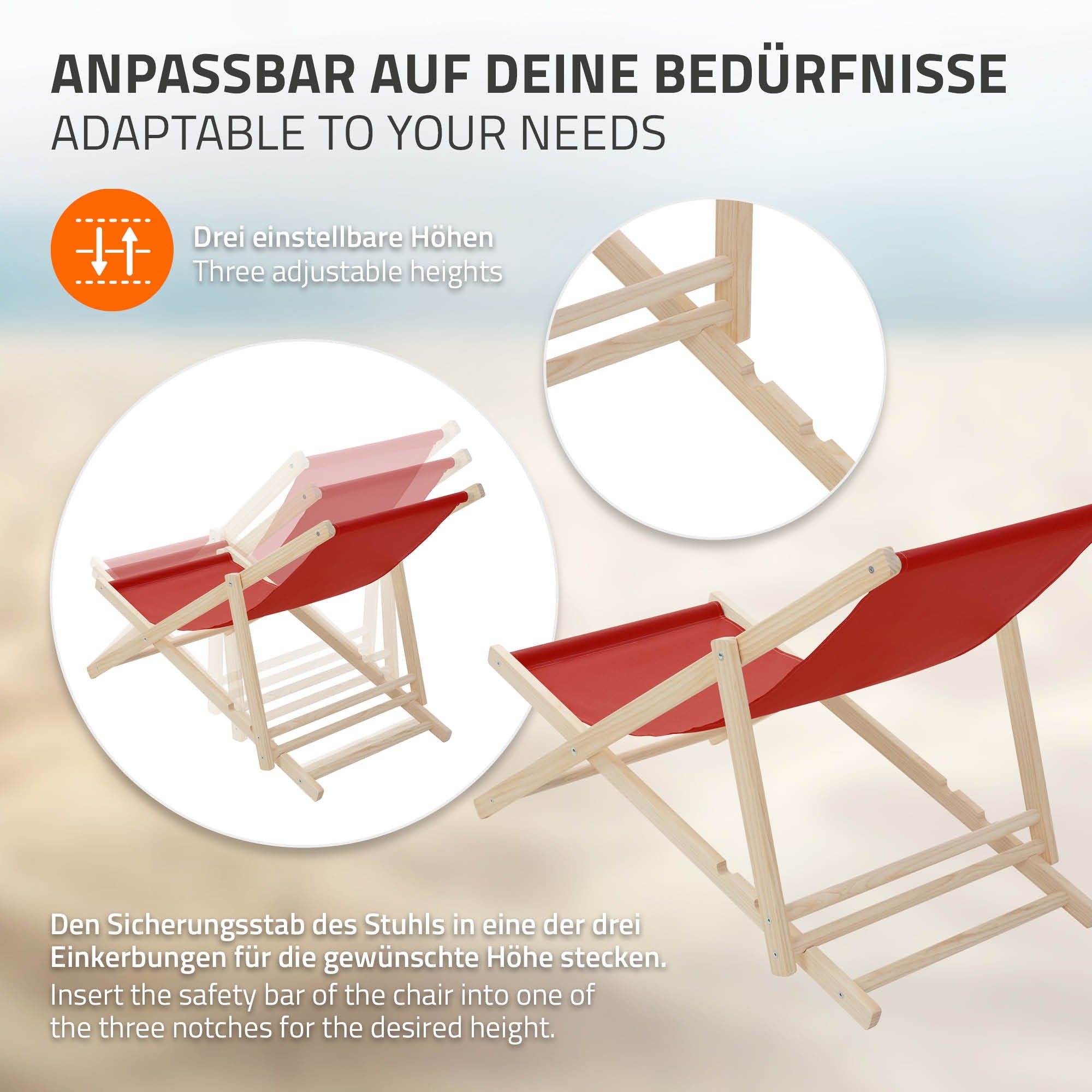 Graphic of a deck chair that is adjustable in three heights.