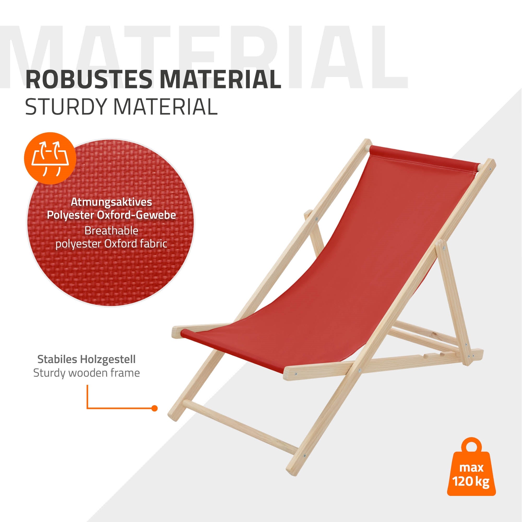 En rød liggestol med information om materialet og stabiliteten.