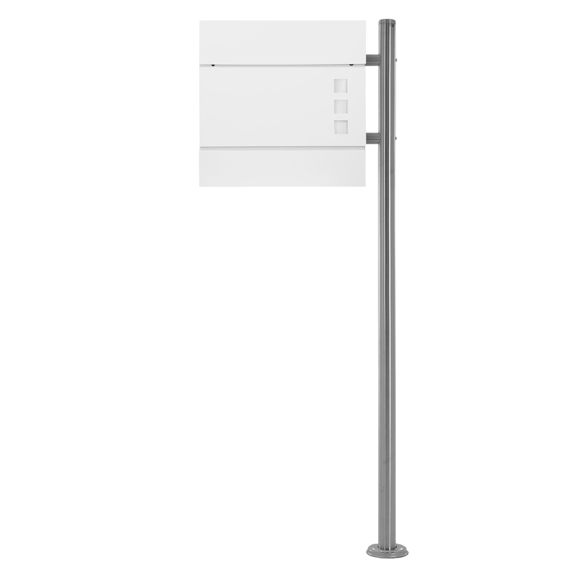 A freestanding white sign on a silver metal post.