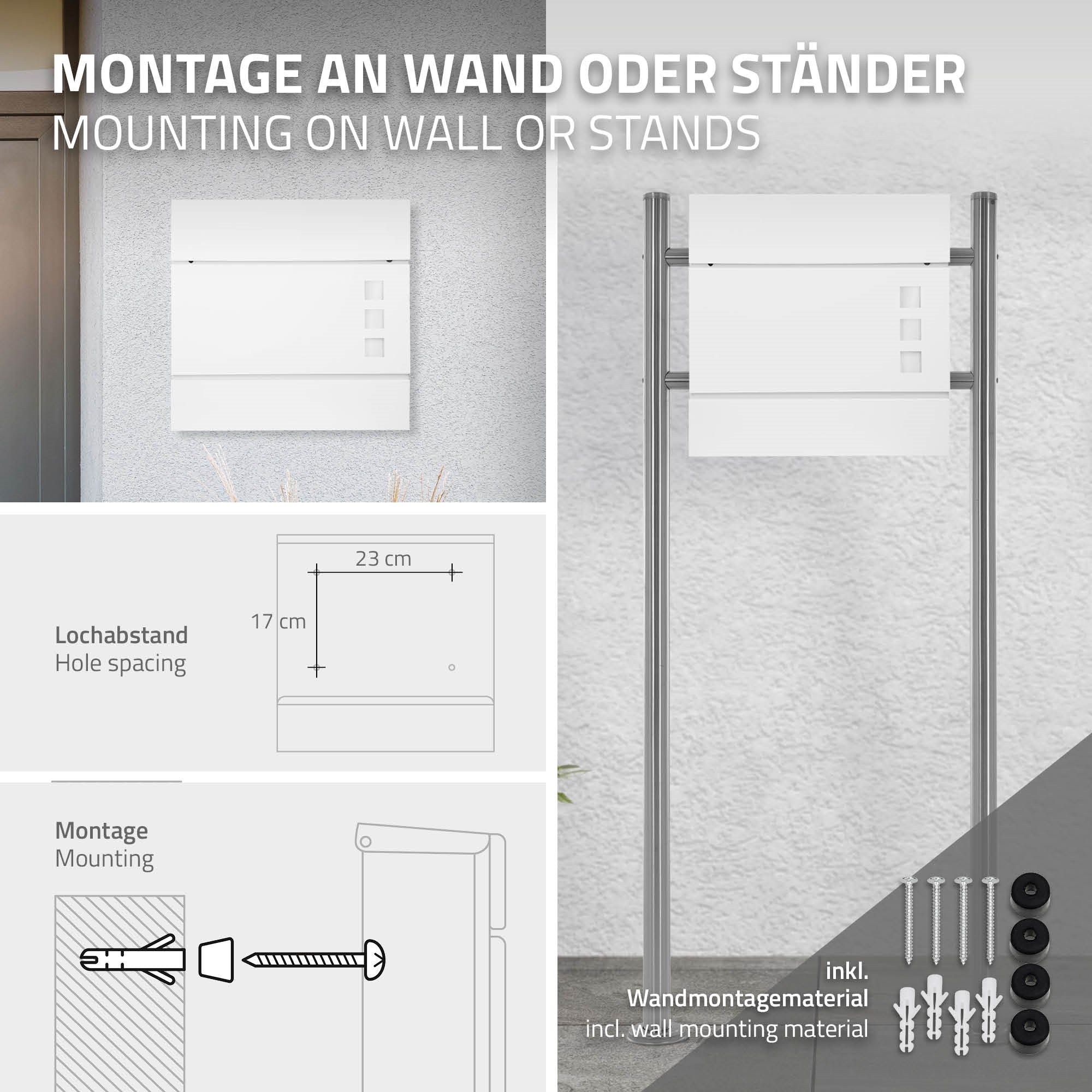 Montageanleitung mit Diagrammen für Wand- oder Standmontage.