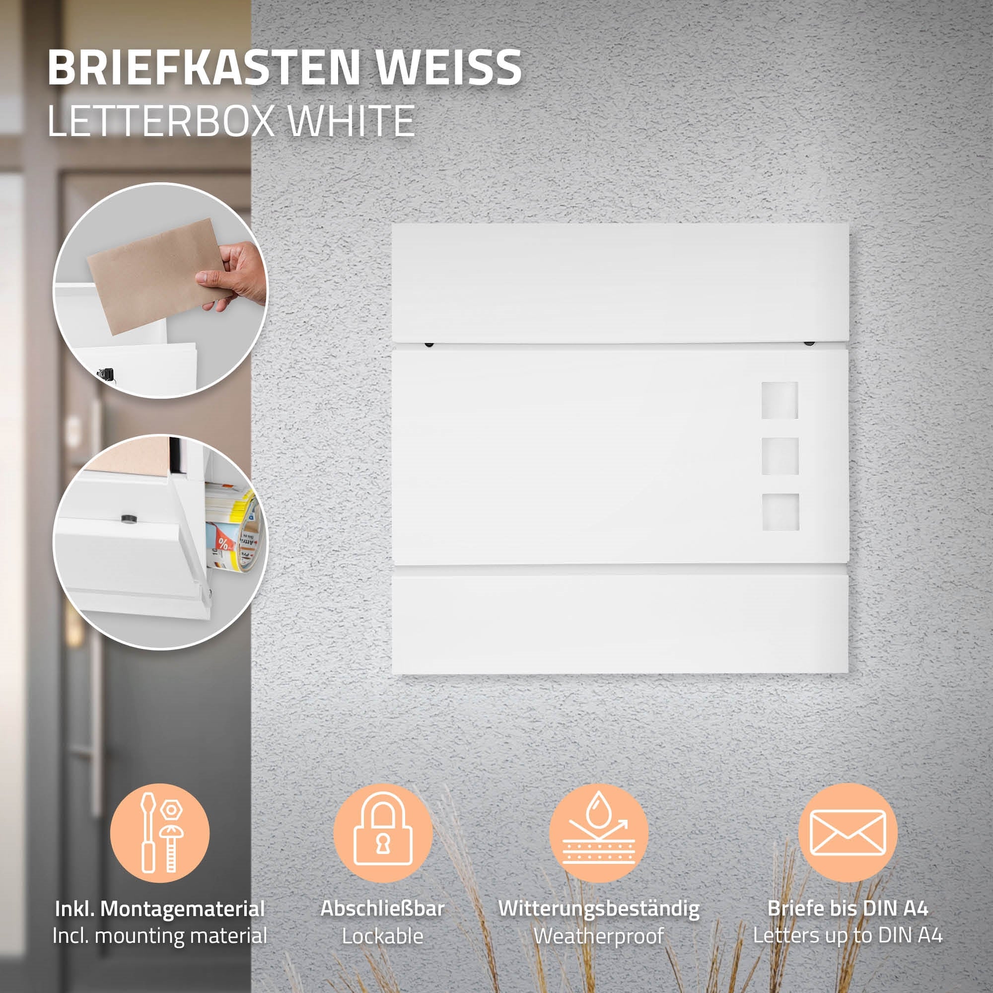 White mailbox on a wall, with assembly instructions and information.