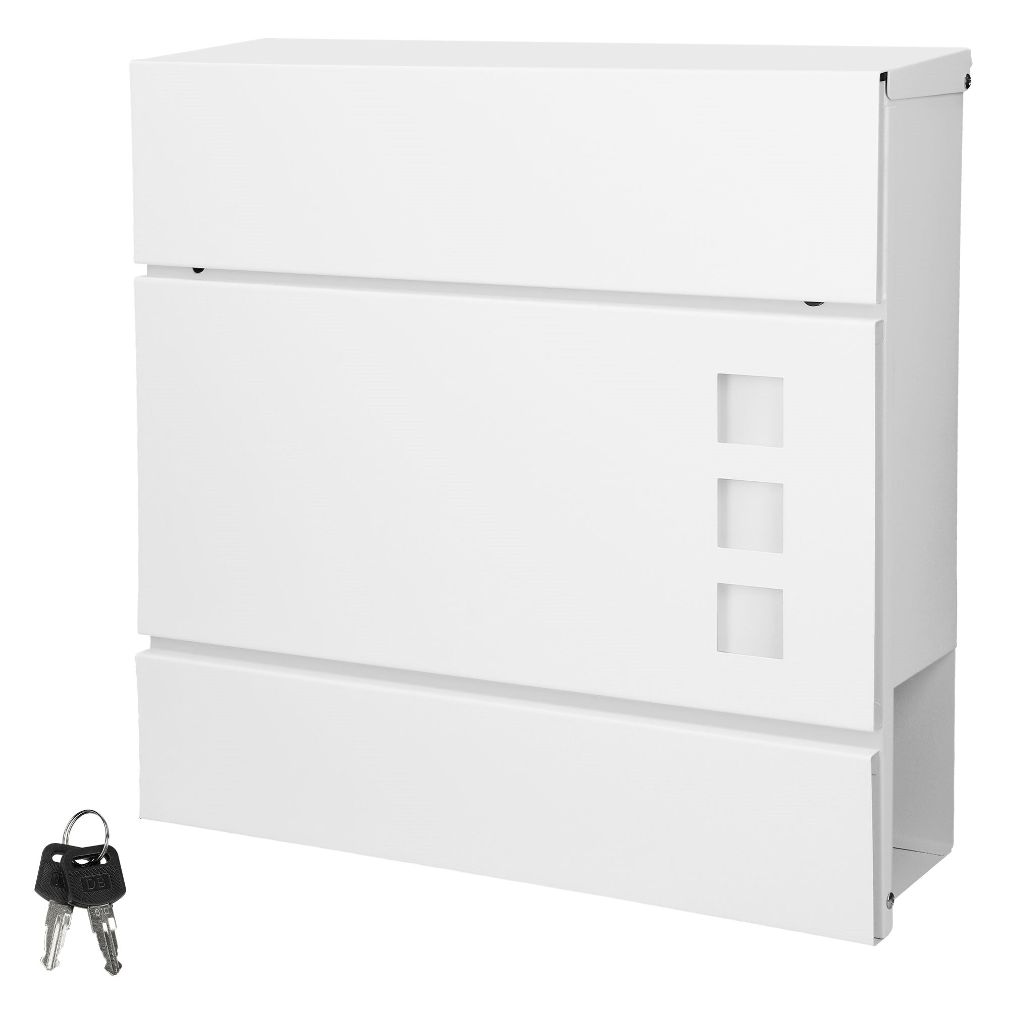 White mailbox with keys and three compartments.