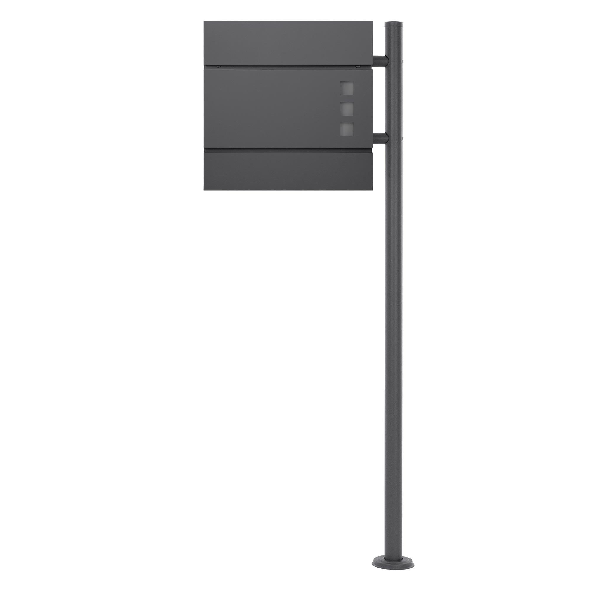 Gray mailbox on a stand, with three compartments.