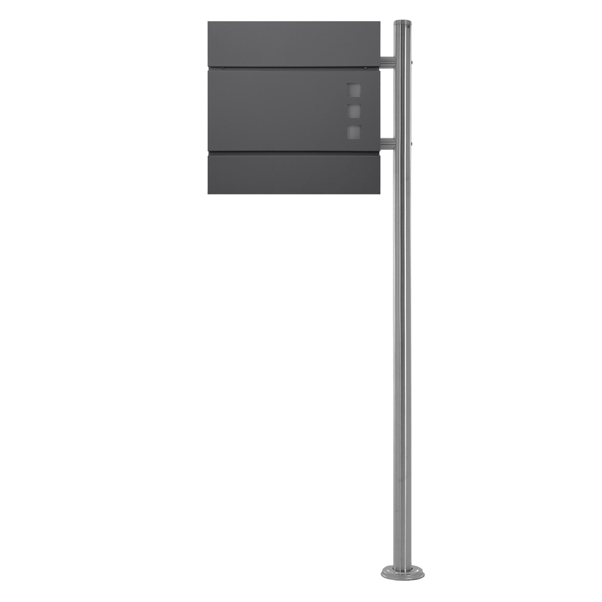 Mailbox with three compartments on a silver base.