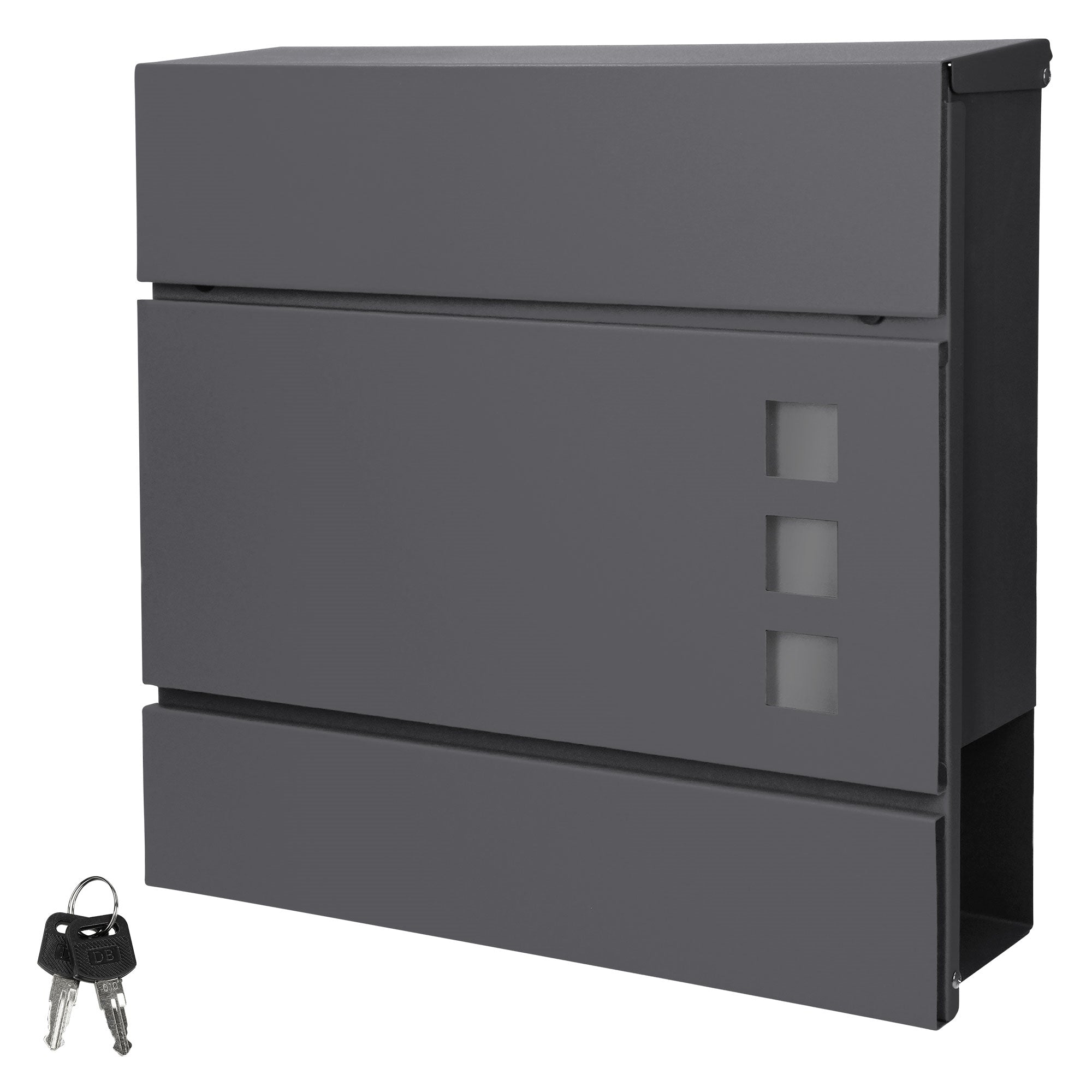 Gray mailbox with two compartments and three viewing windows.
