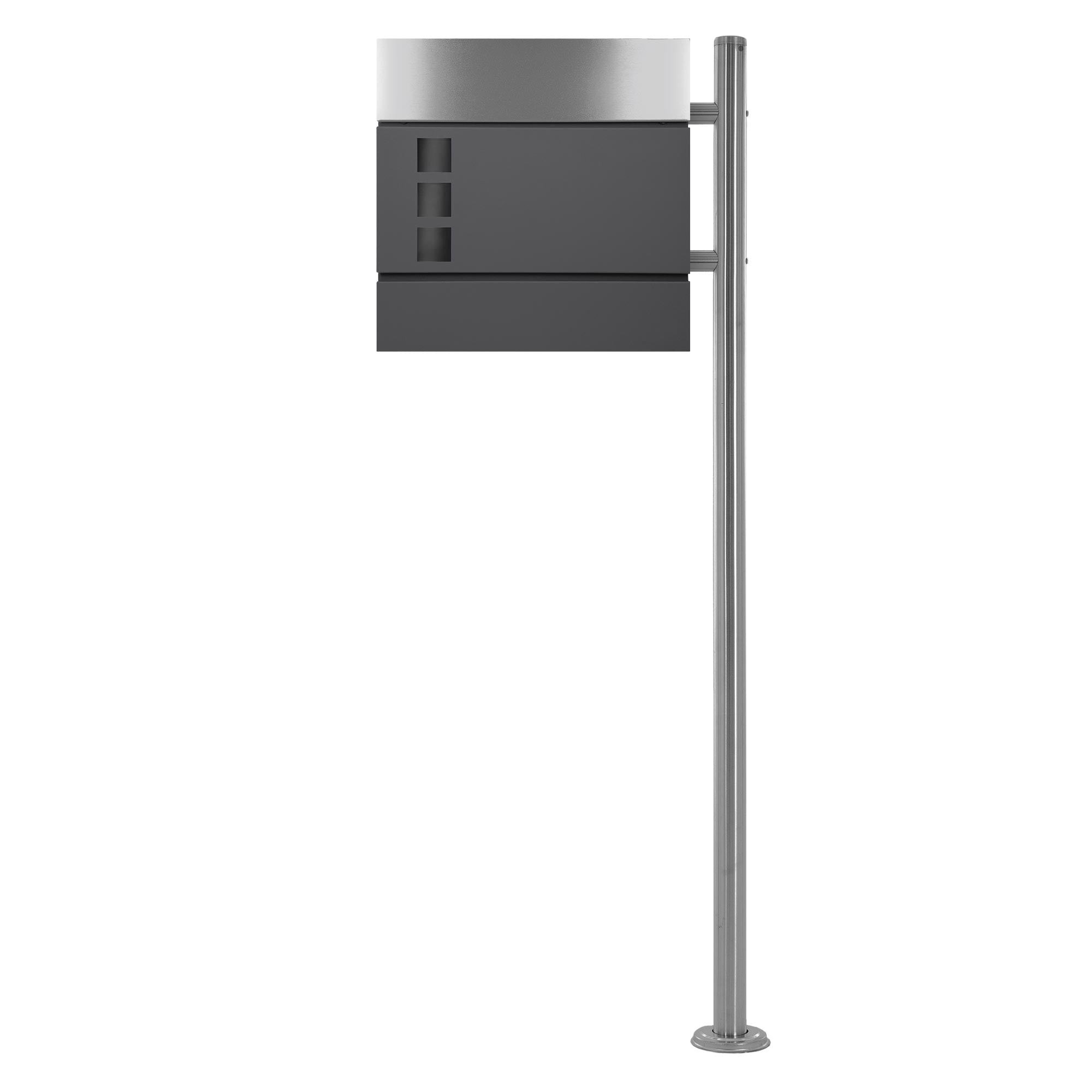 Mailbox on a post, with two openings and a flat front.