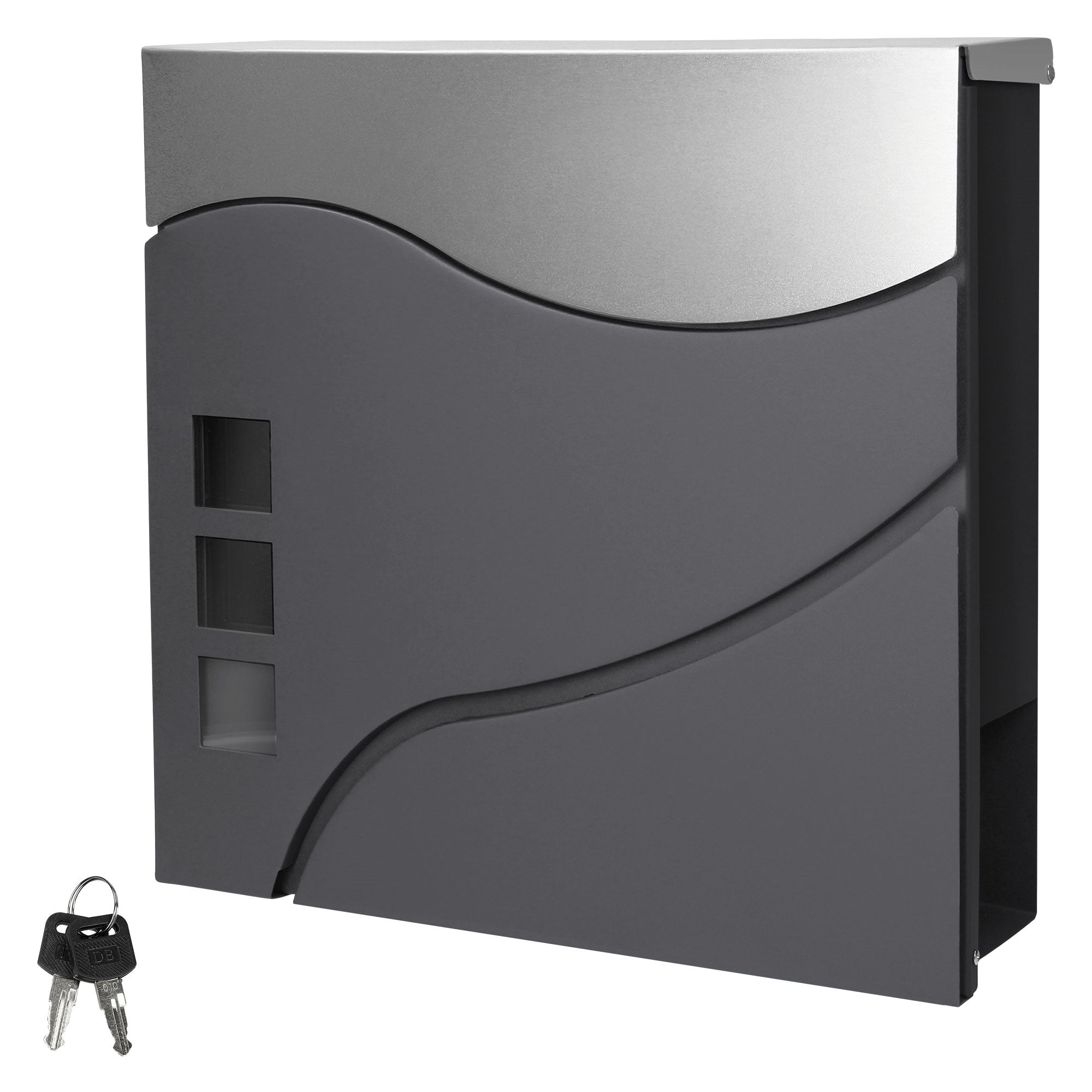 Gray mailbox with curved front and two keys.