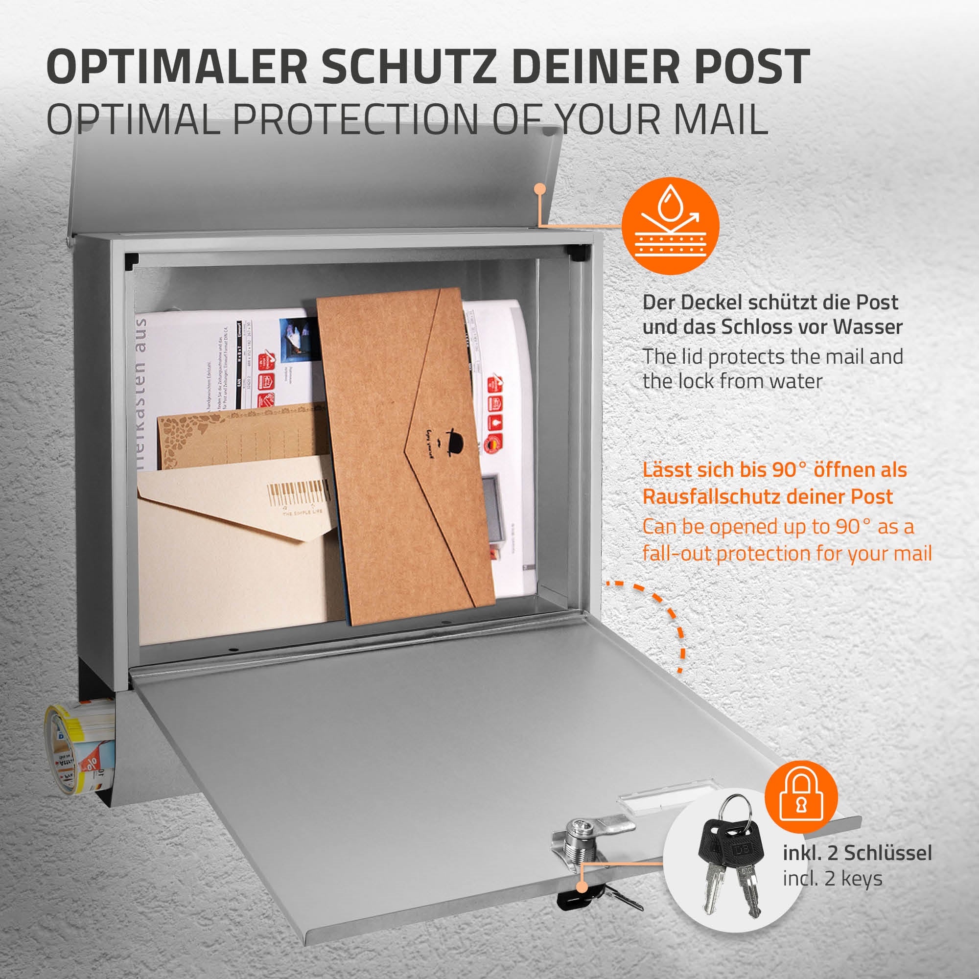 Open mailbox box with mail and two keys, note on water protection and security.