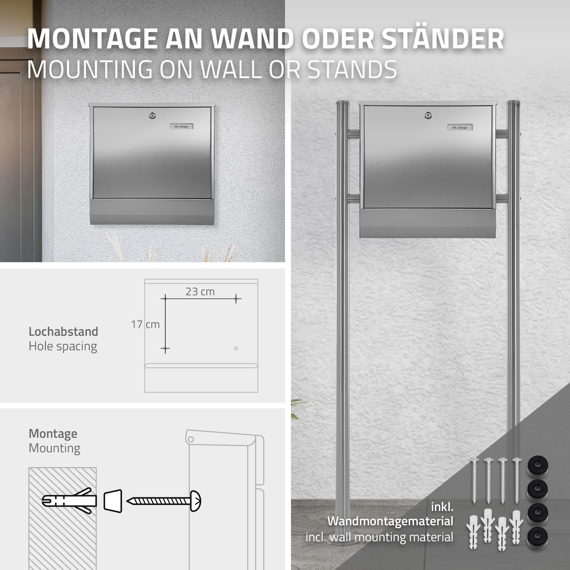 Assembly instructions for a mailbox with dimensions and assembly accessories.