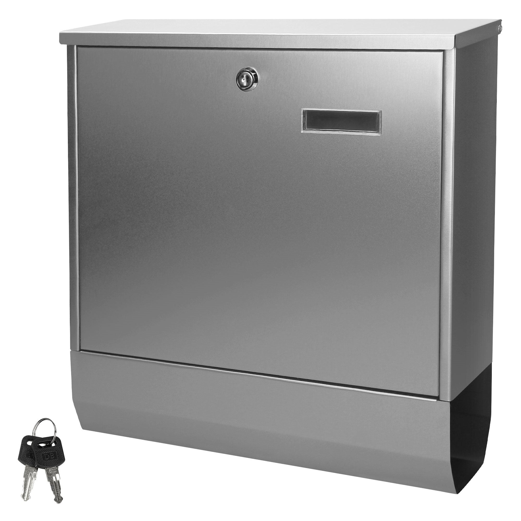 A silver mailbox with a key and a slot for letters.
