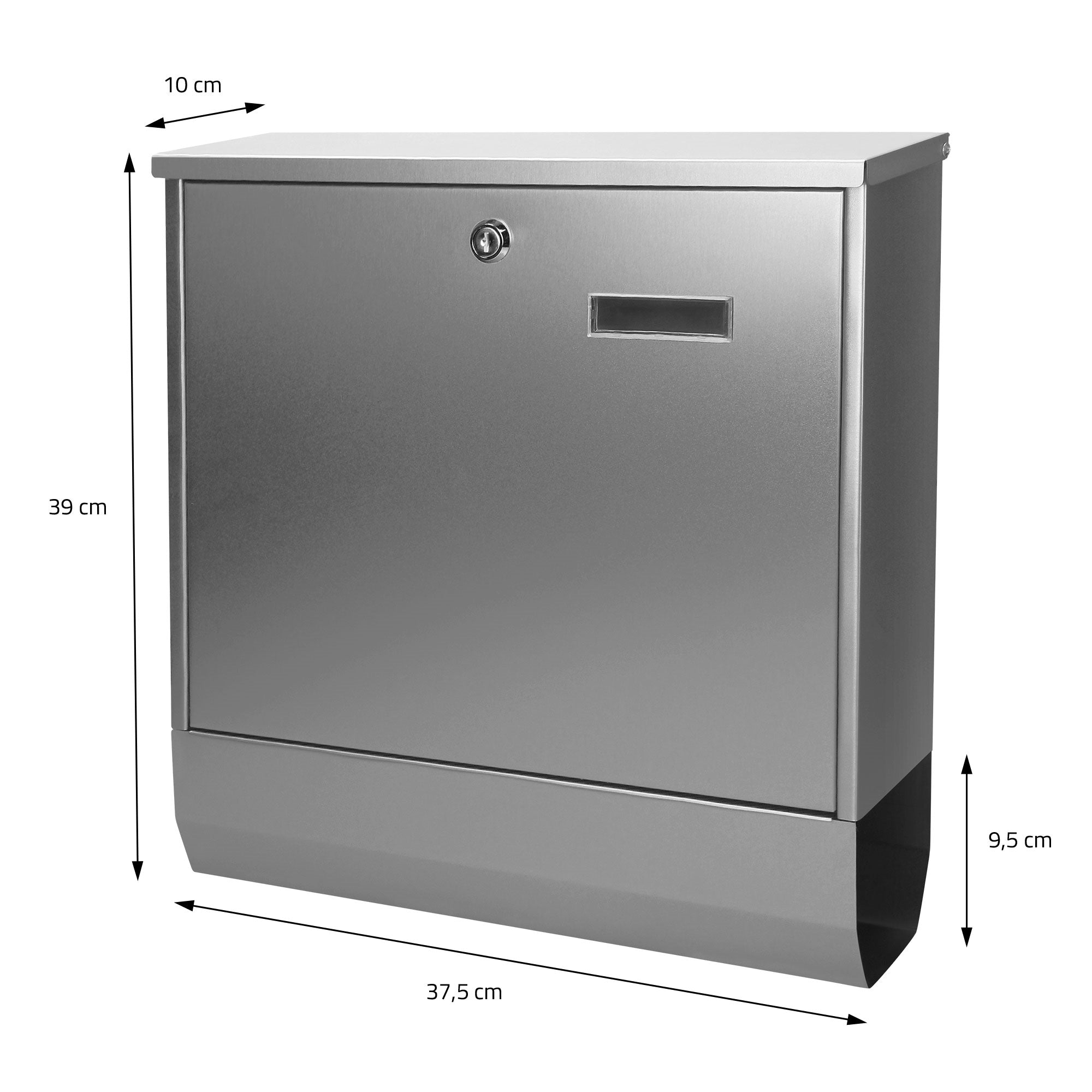 Silver mailbox with dimensions and lock, on a white background.