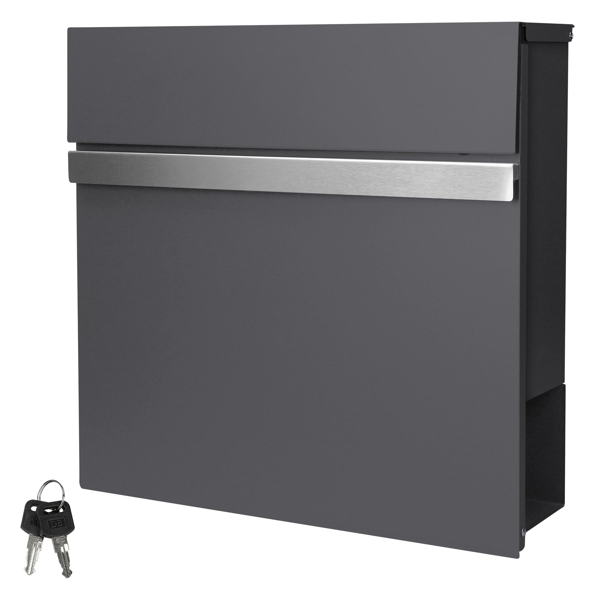 Gray mailbox with key and stainless steel handle.