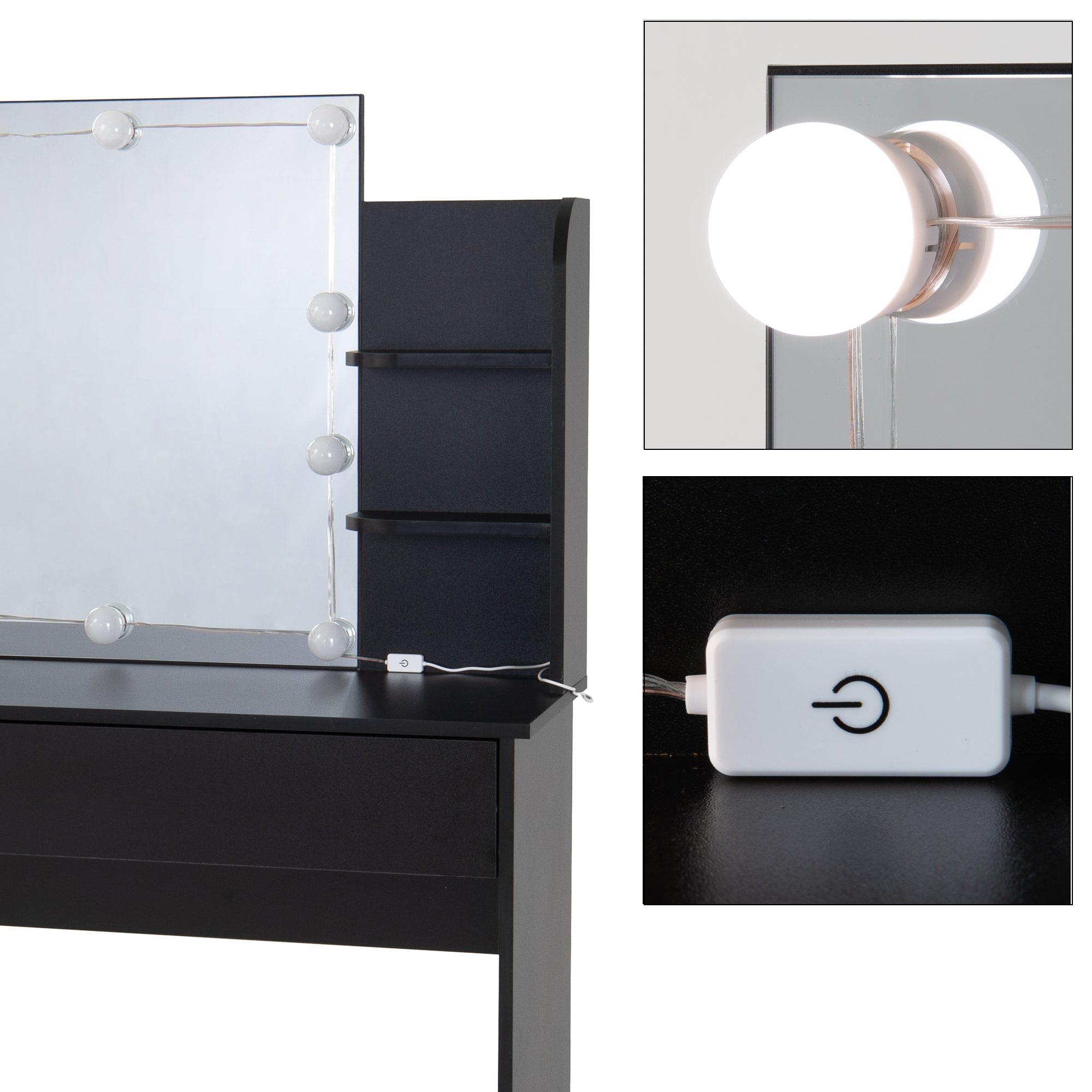 Coiffeuse noire avec miroir éclairé et interrupteur.