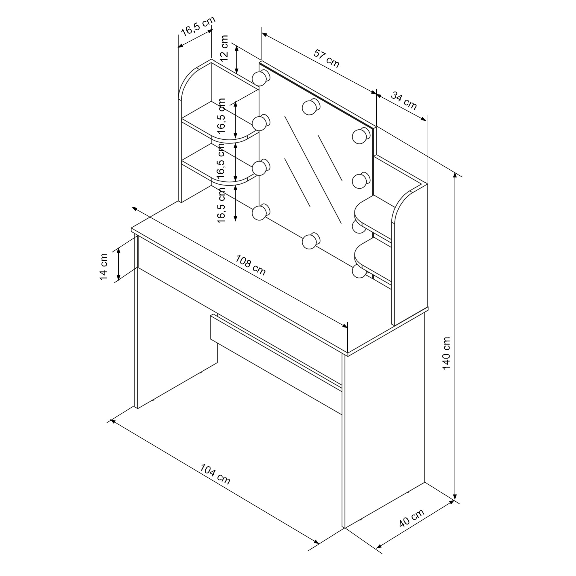 Dessin technique d'un bureau avec miroir et éclairage.
