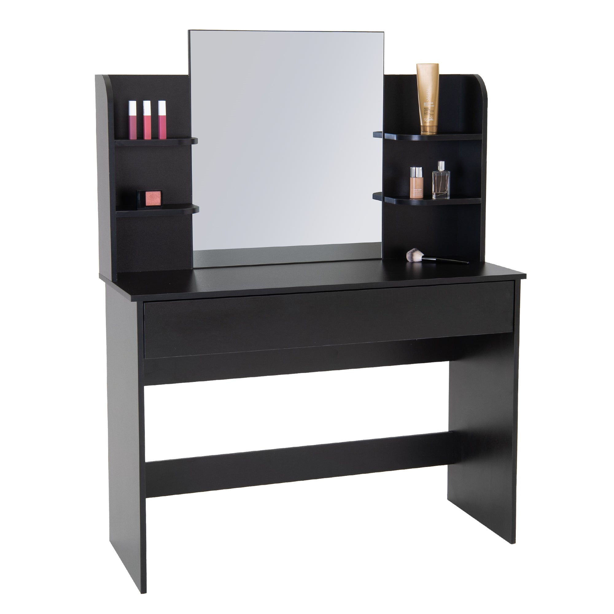 Mesa de maquillaje negra con espejo y estantes para productos de cosmética.