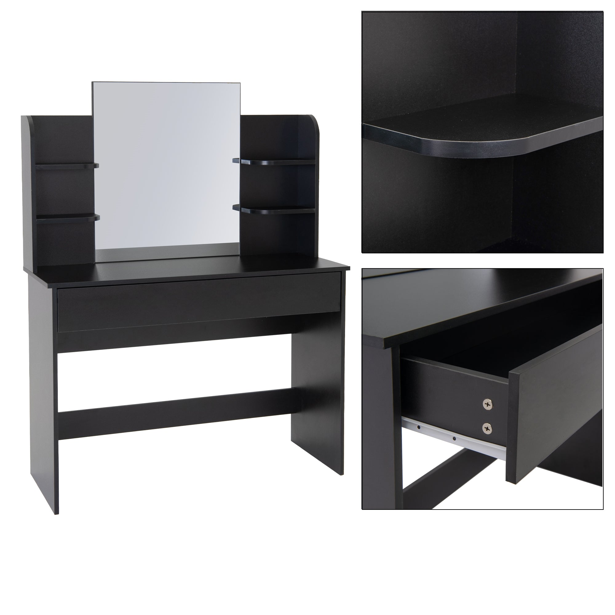Mesa de maquillaje negra con espejo, estantes y un cajón.