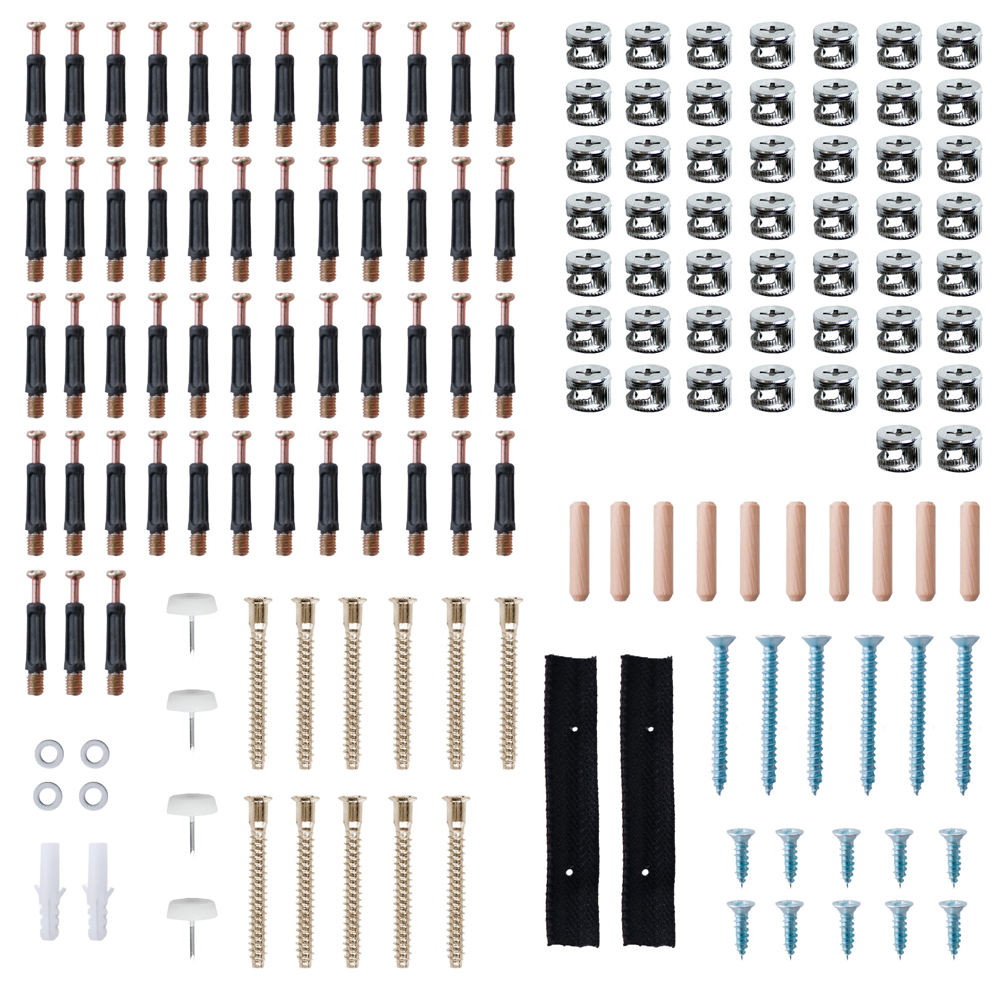 Varios tornillos y elementos de conexión sobre fondo blanco.