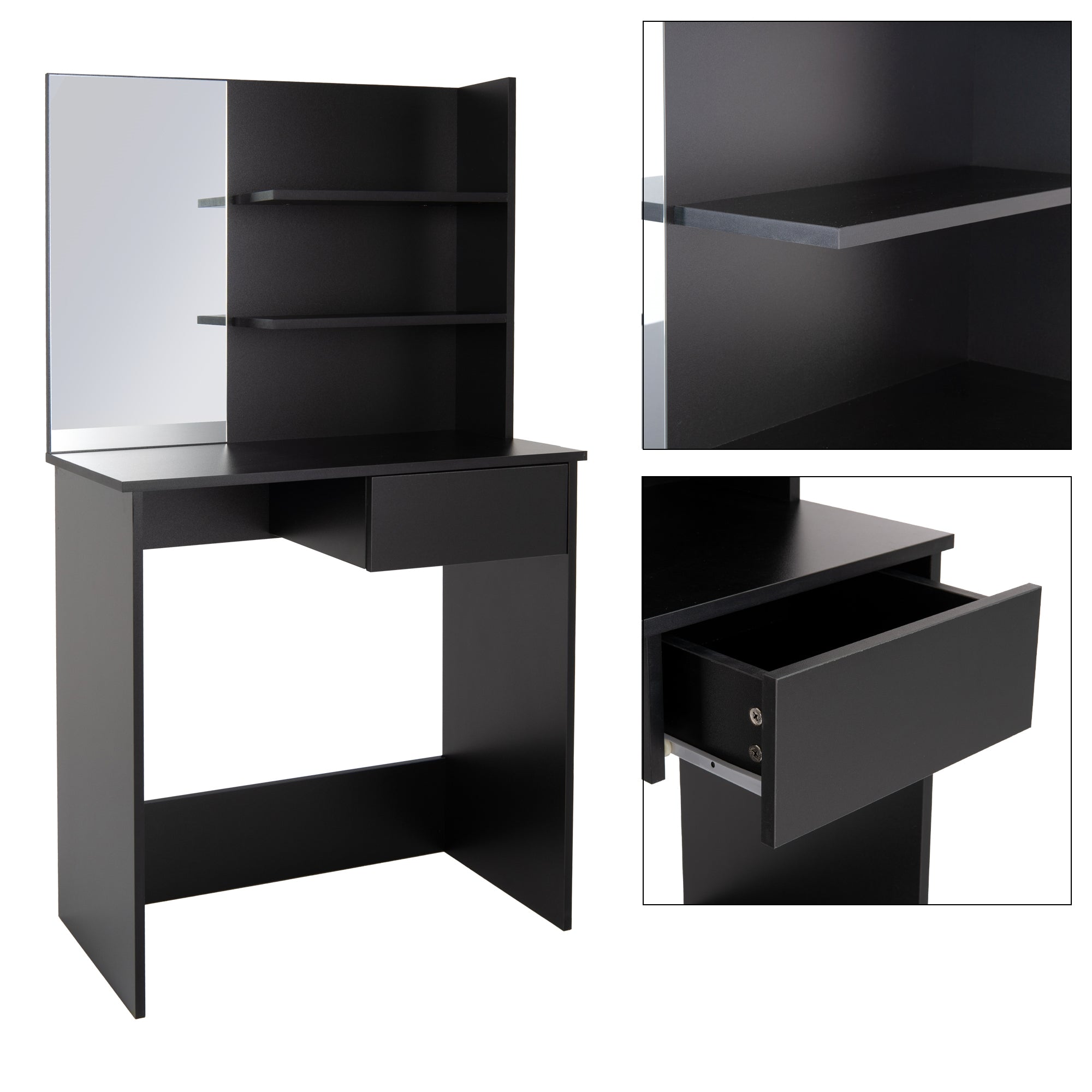 Tavolo da trucco nero con specchio, ripiani e cassetto.