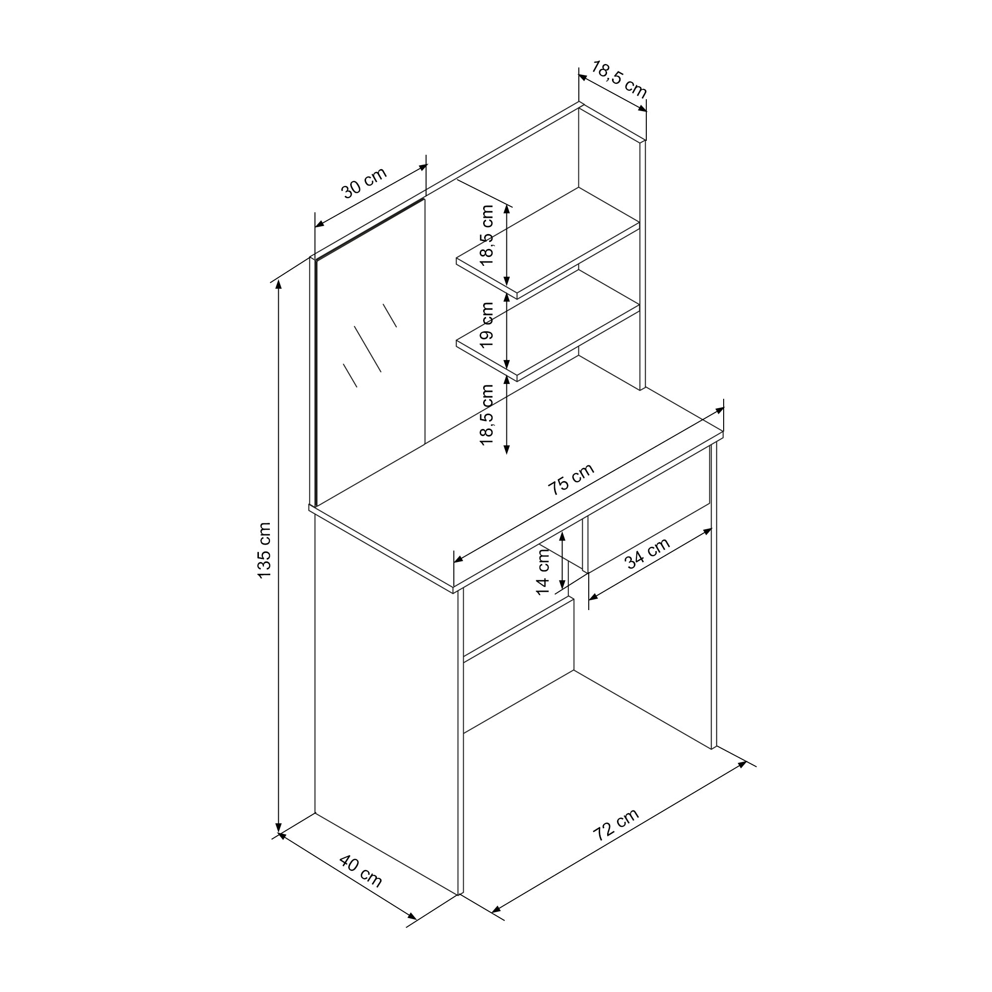 Disegno tecnico di una scrivania con misure e ripiani.
