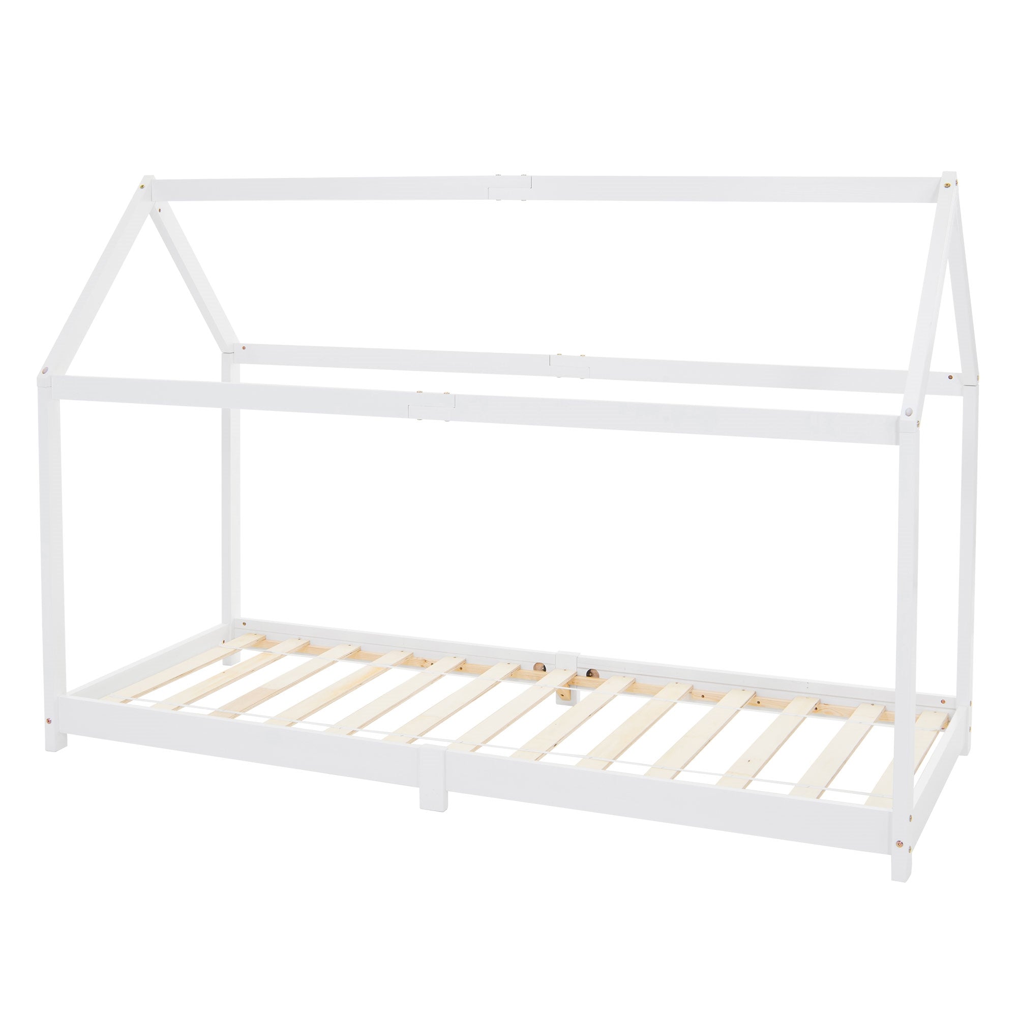 Un cadre de lit blanc sans matelas sur un fond blanc.