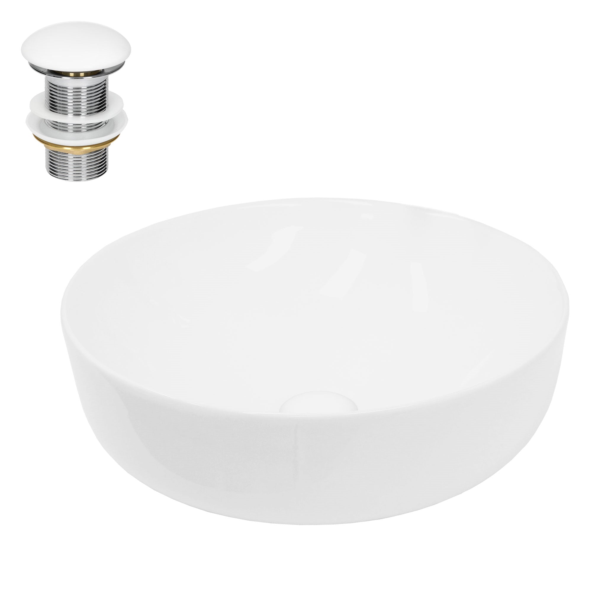 Lavabo rotondo bianco con valvola di scarico nelle vicinanze.