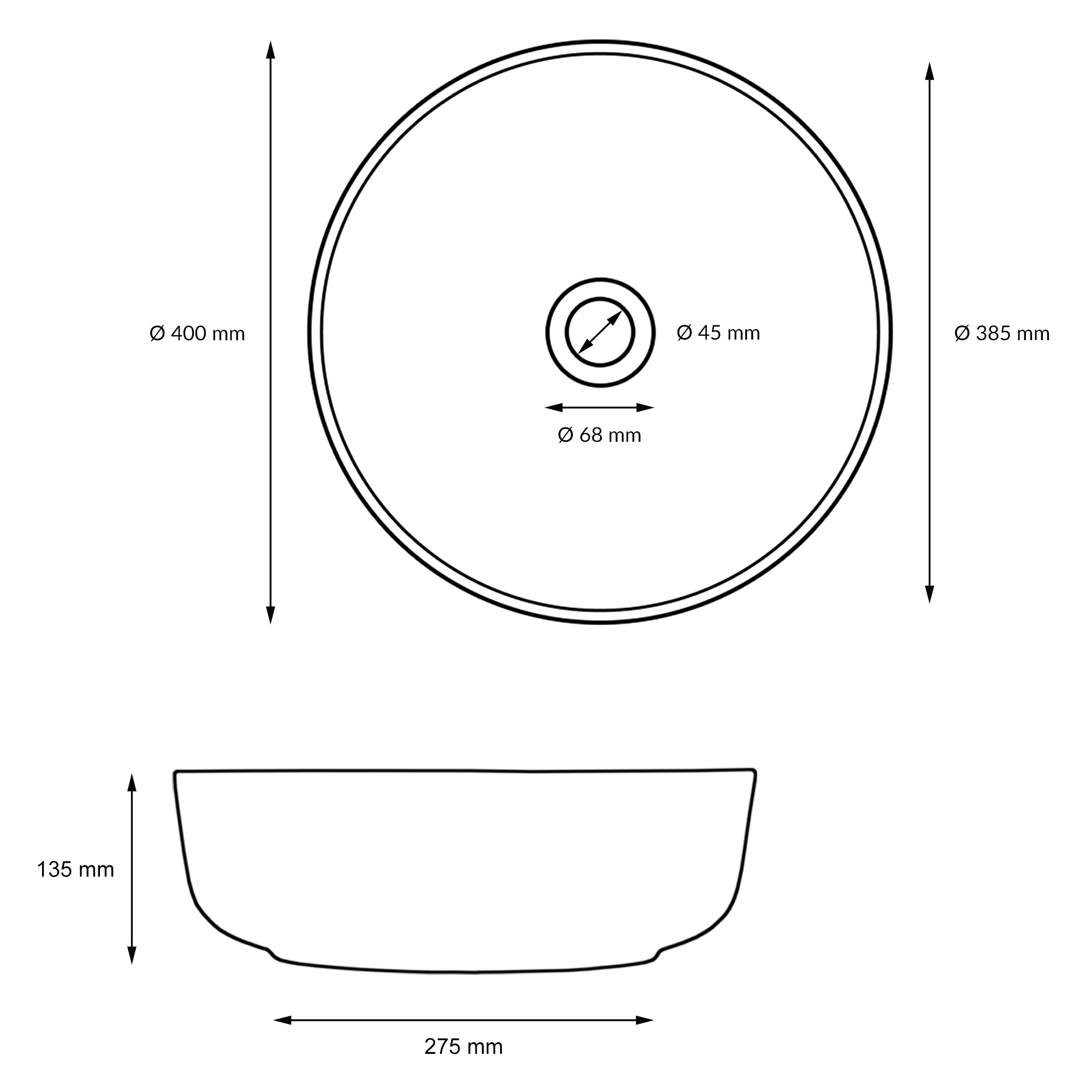 Disegno tecnico di un lavabo ovale con misure.