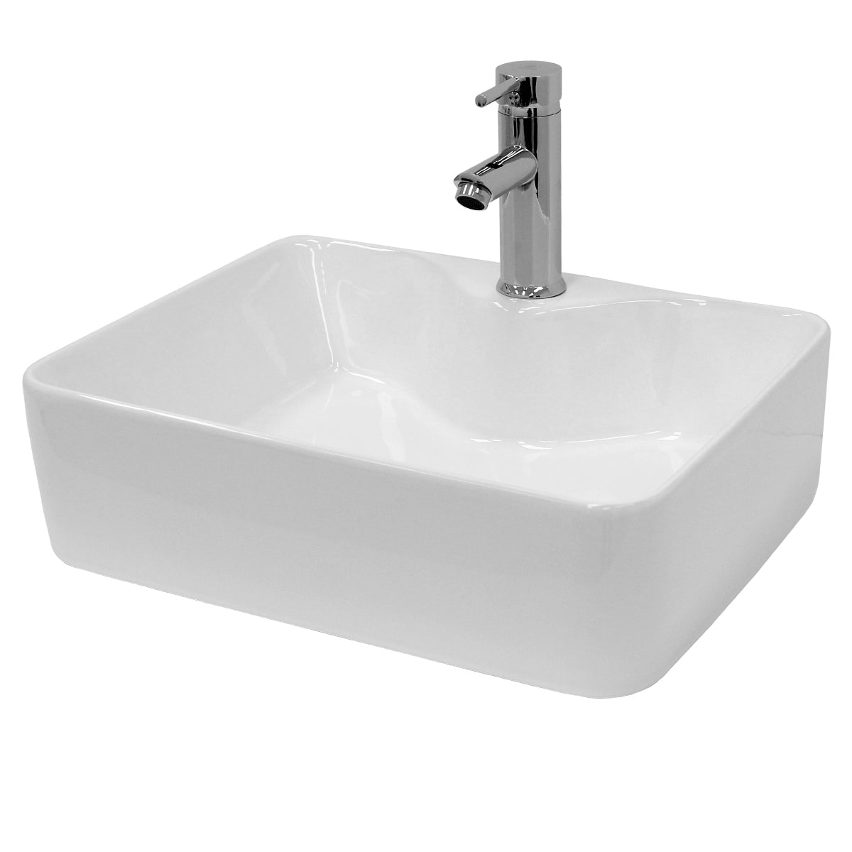 Bassin de lavage rectangulaire blanc avec robinet.