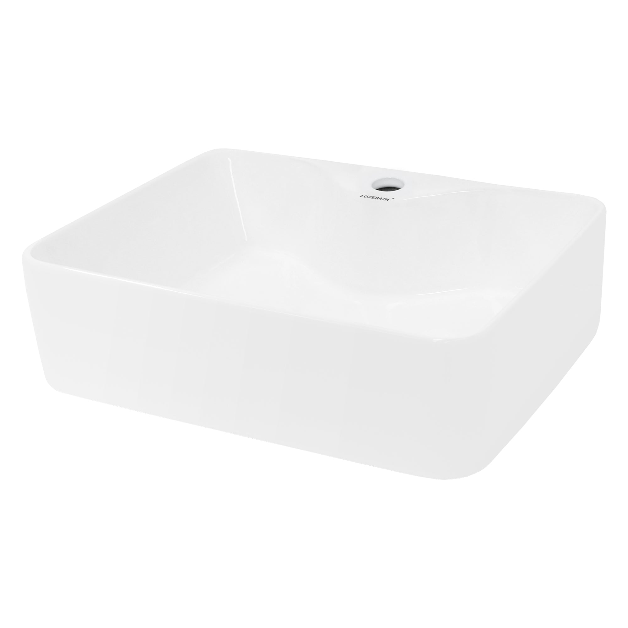 Rectangular white sink on a wooden shelf.