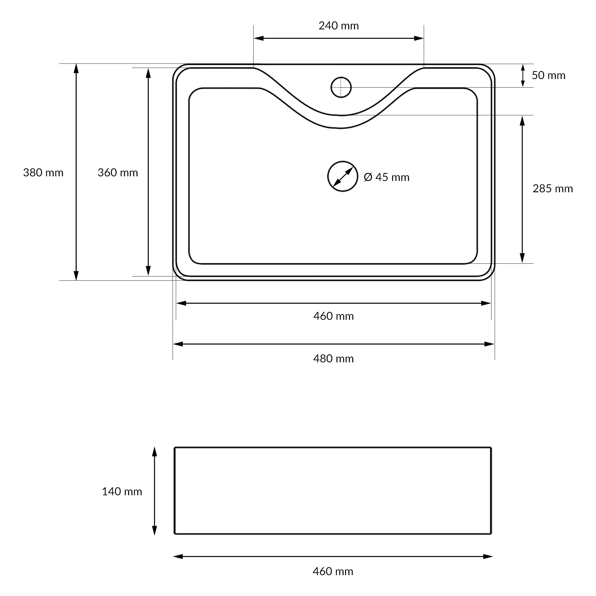 Technical drawing of a sink with dimensions.