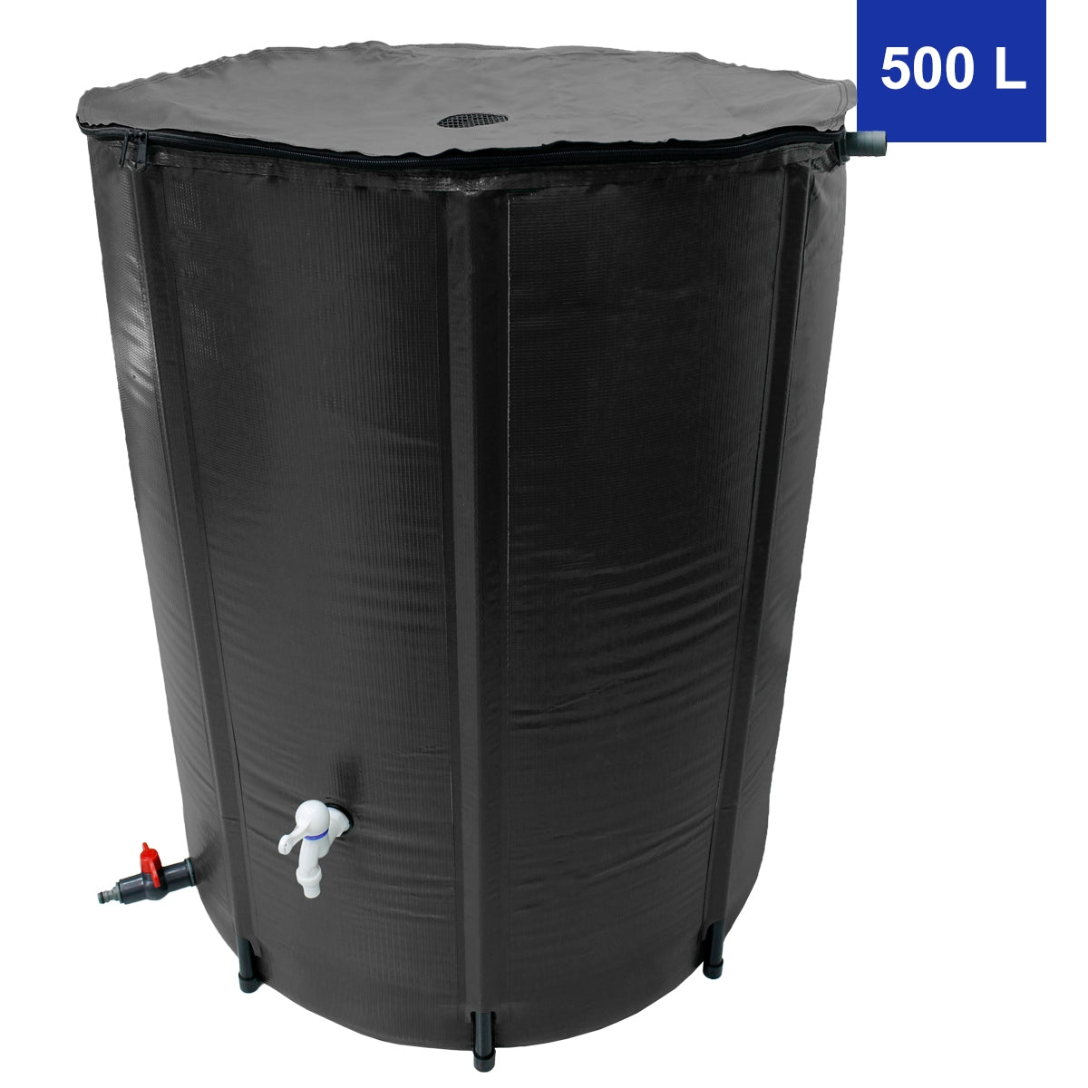 Sort vandtank med et volumen på 500 liter.