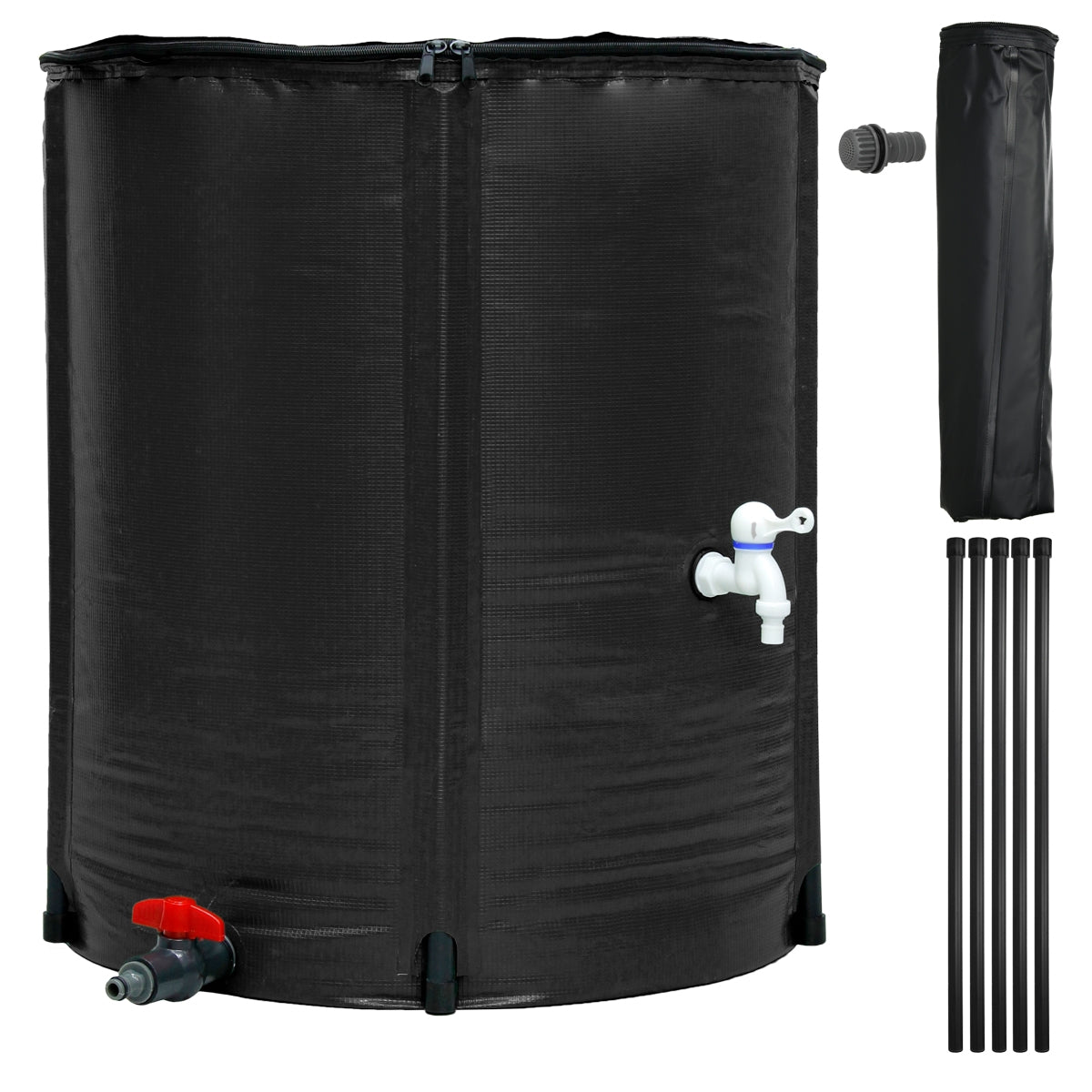 Tanque de agua negro con válvula y varias tuberías.