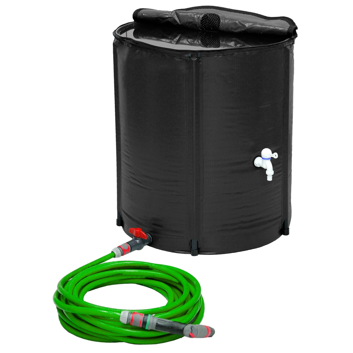 Tanque de agua negro con manguera y válvula.