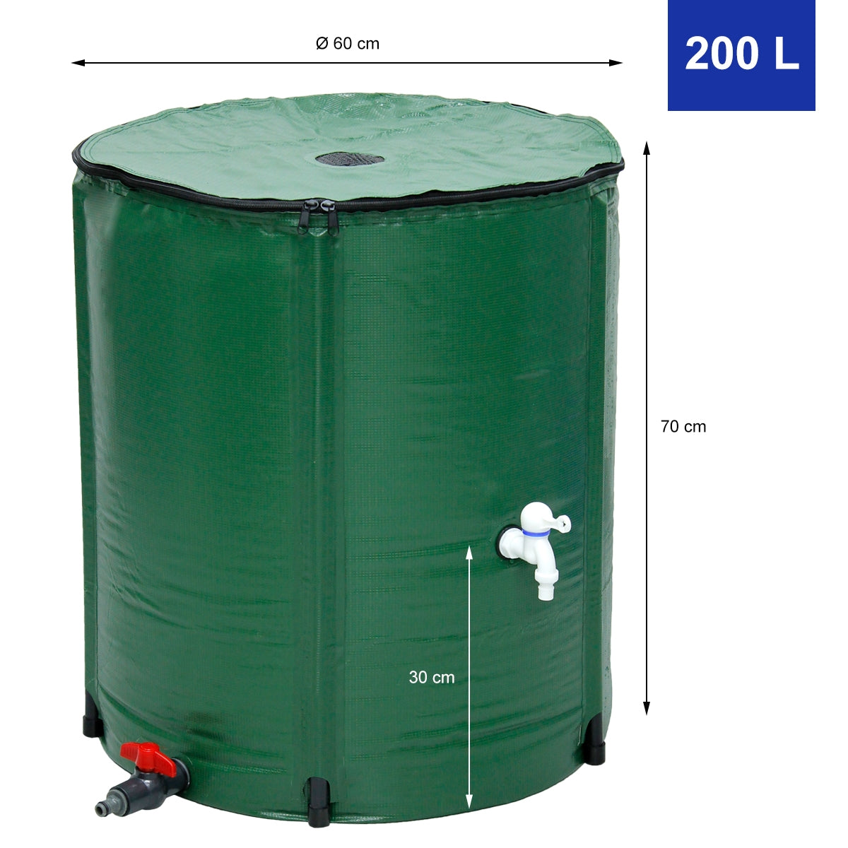 Zöld víztartály 200 literes, 60 cm átmérőjű, 70 cm magas.