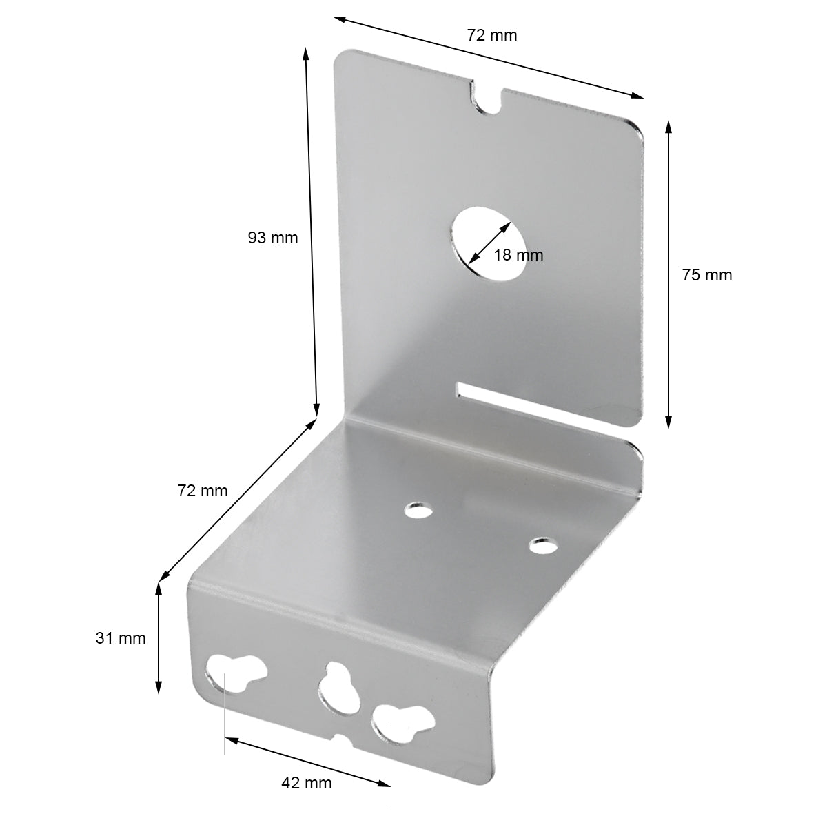 Kąt metalowy z wymiarami: 72 mm x 93 mm x 75 mm, z otworami do mocowania.