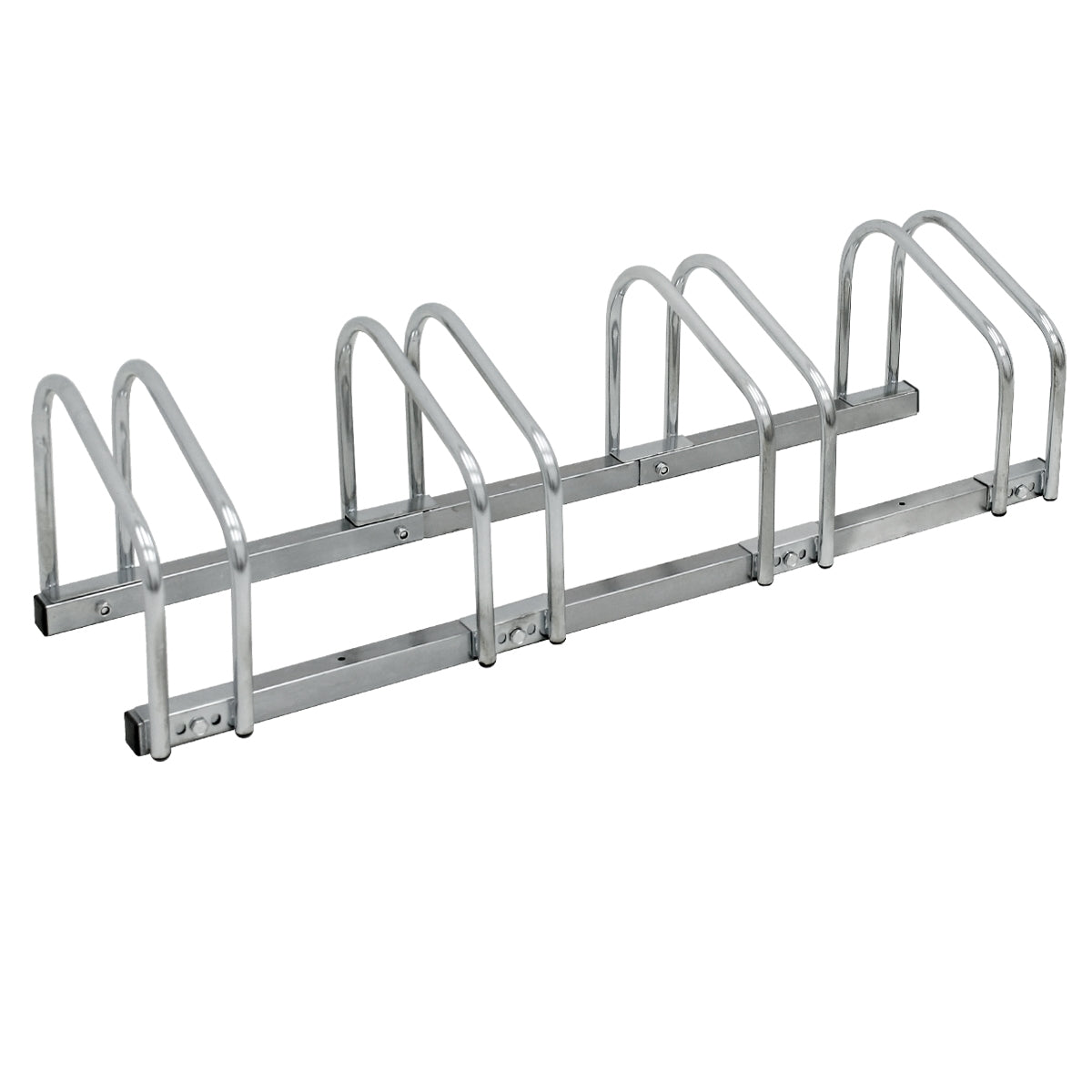 Structure en métal avec plusieurs arcs pour le stationnement des vélos.