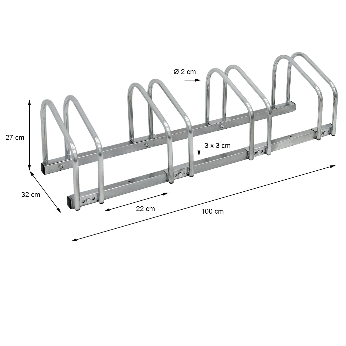 Structure en métal avec plusieurs supports, dimensions et diamètre indiqués.