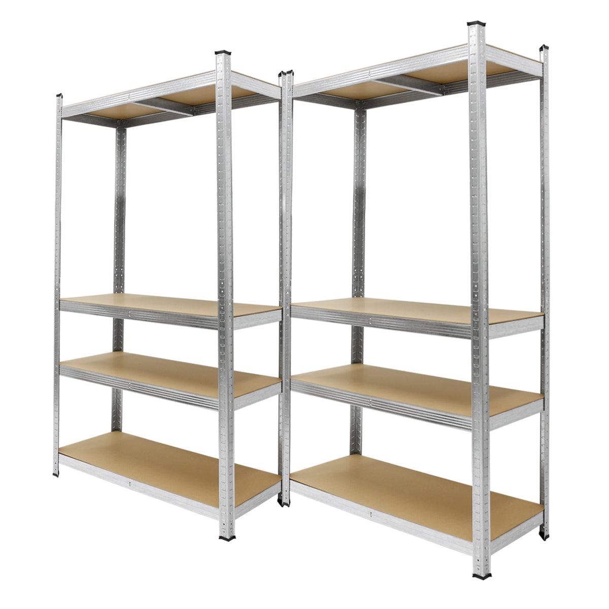 Due scaffali con più ripiani in metallo e legno.