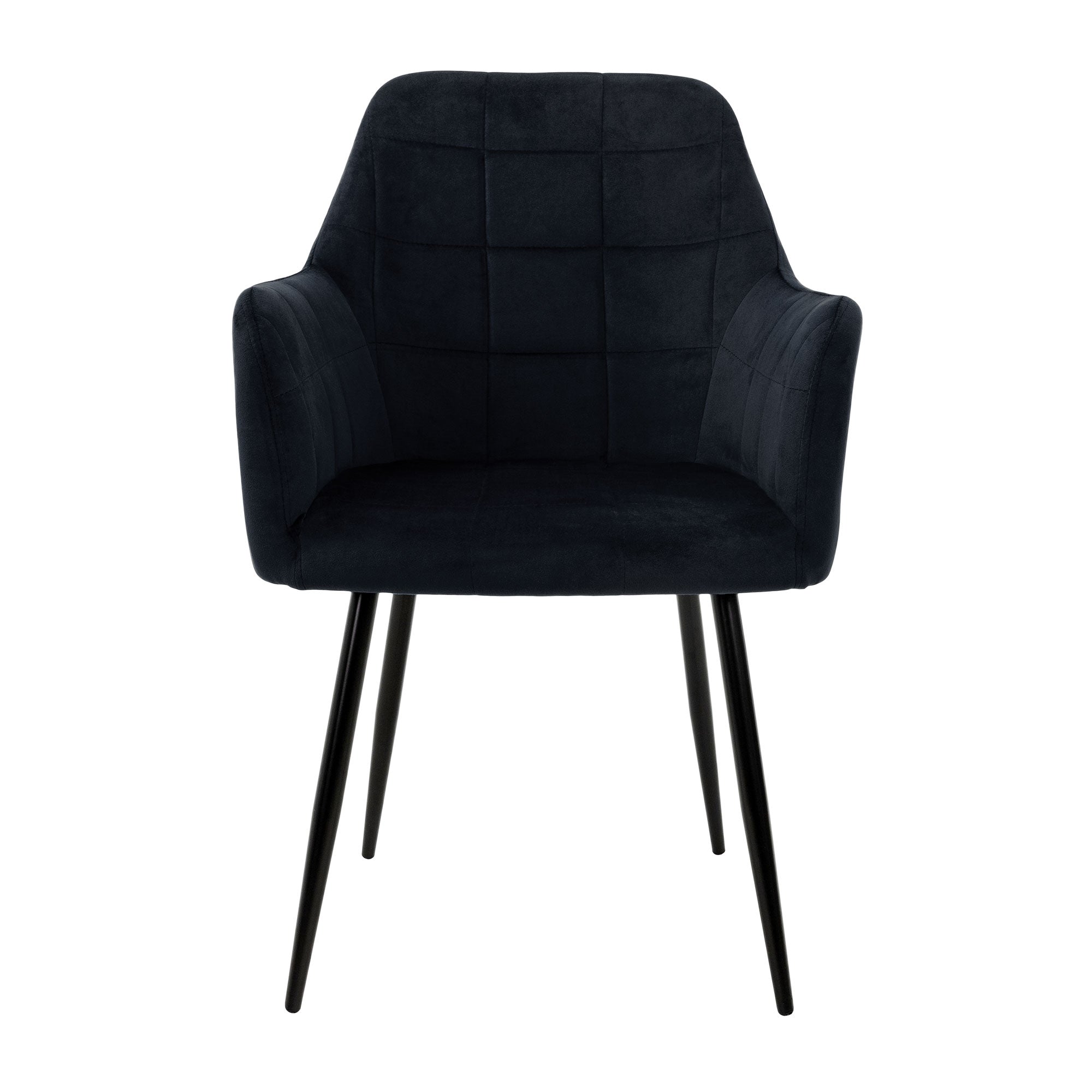 Sort lænestol med armlæn og quiltet design.