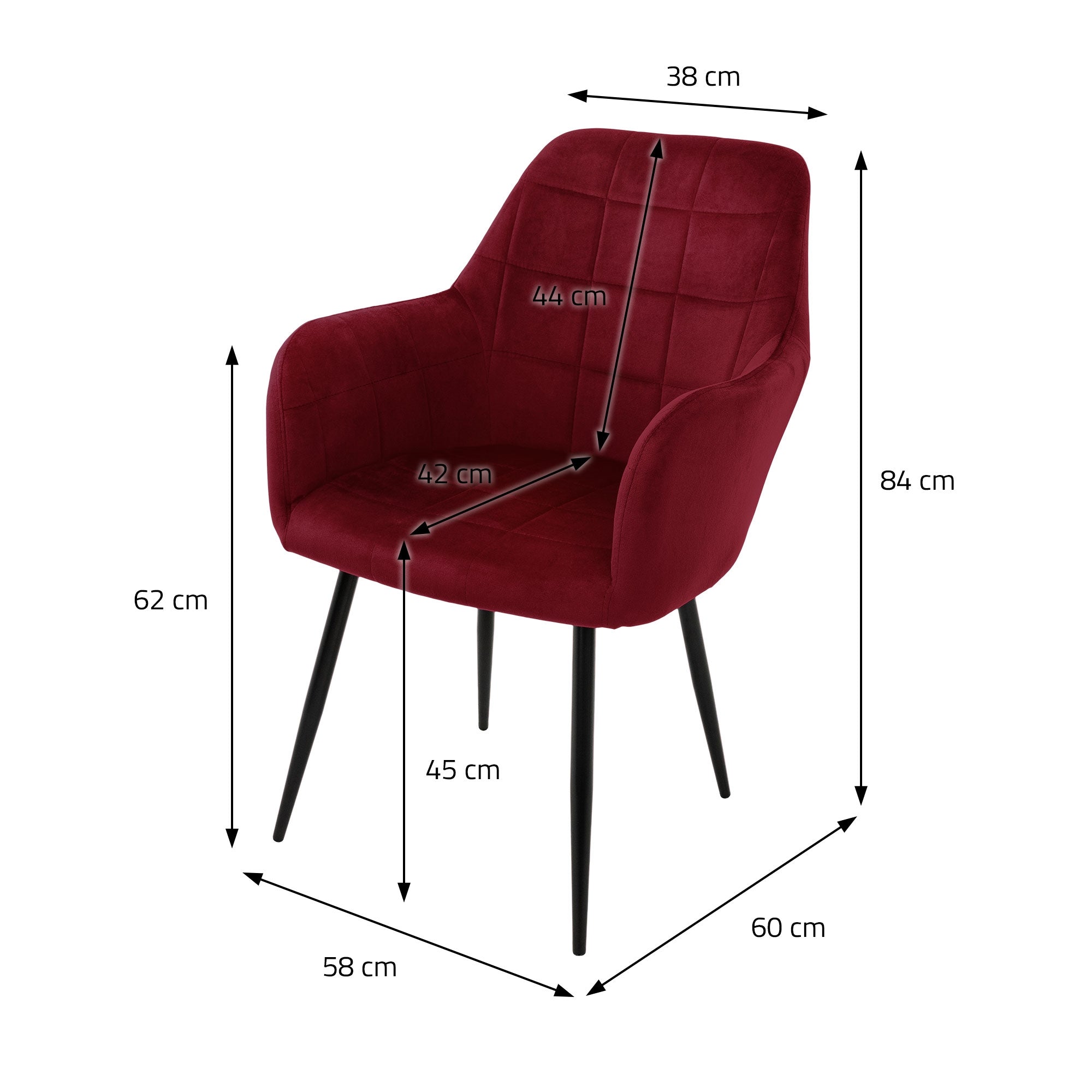 Piros szék méretei: magasság 84 cm, szélesség 60 cm, ülésmélység 45 cm.