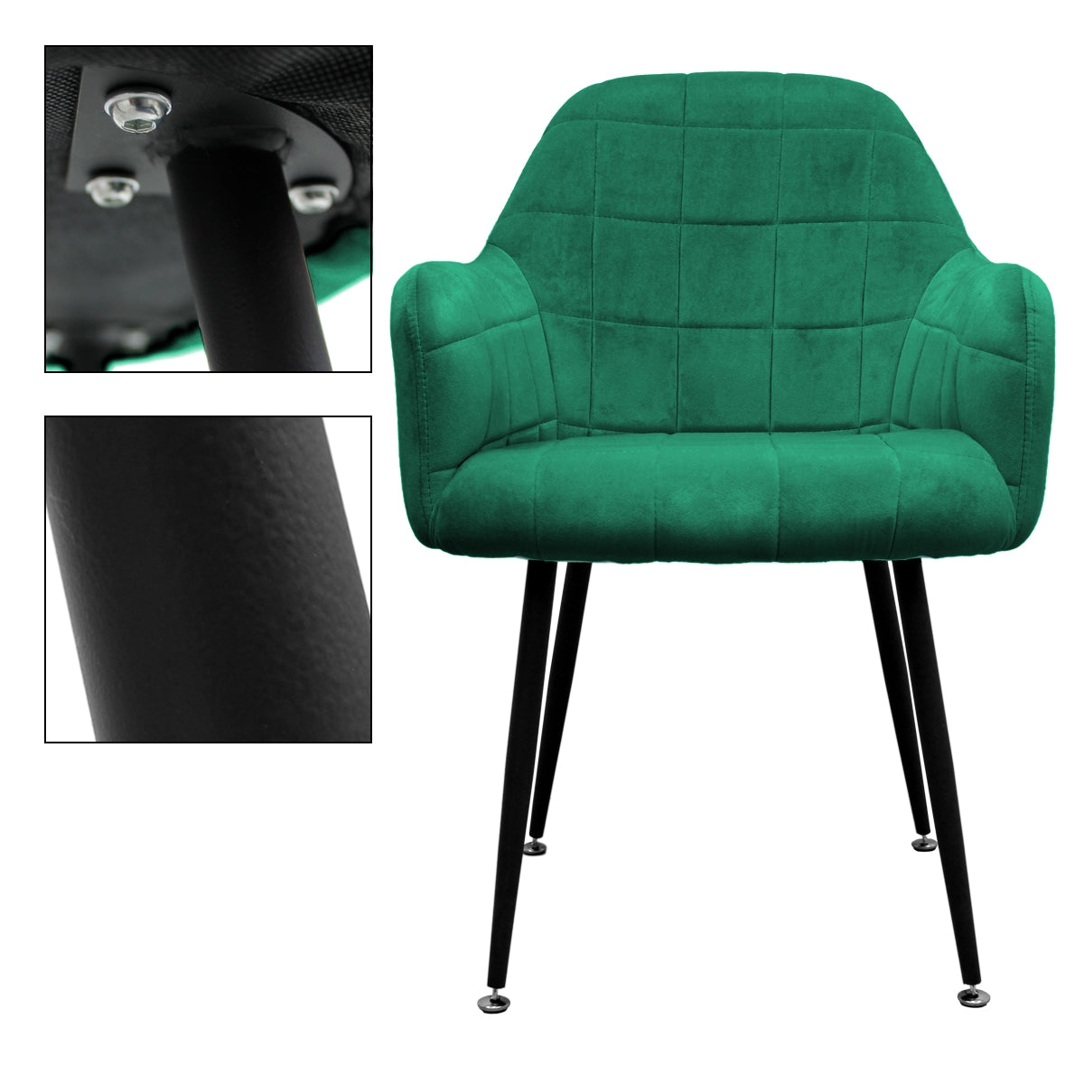 Detailní záběr na zelenou židli s černým rámem a čtvercovým polstrováním.
