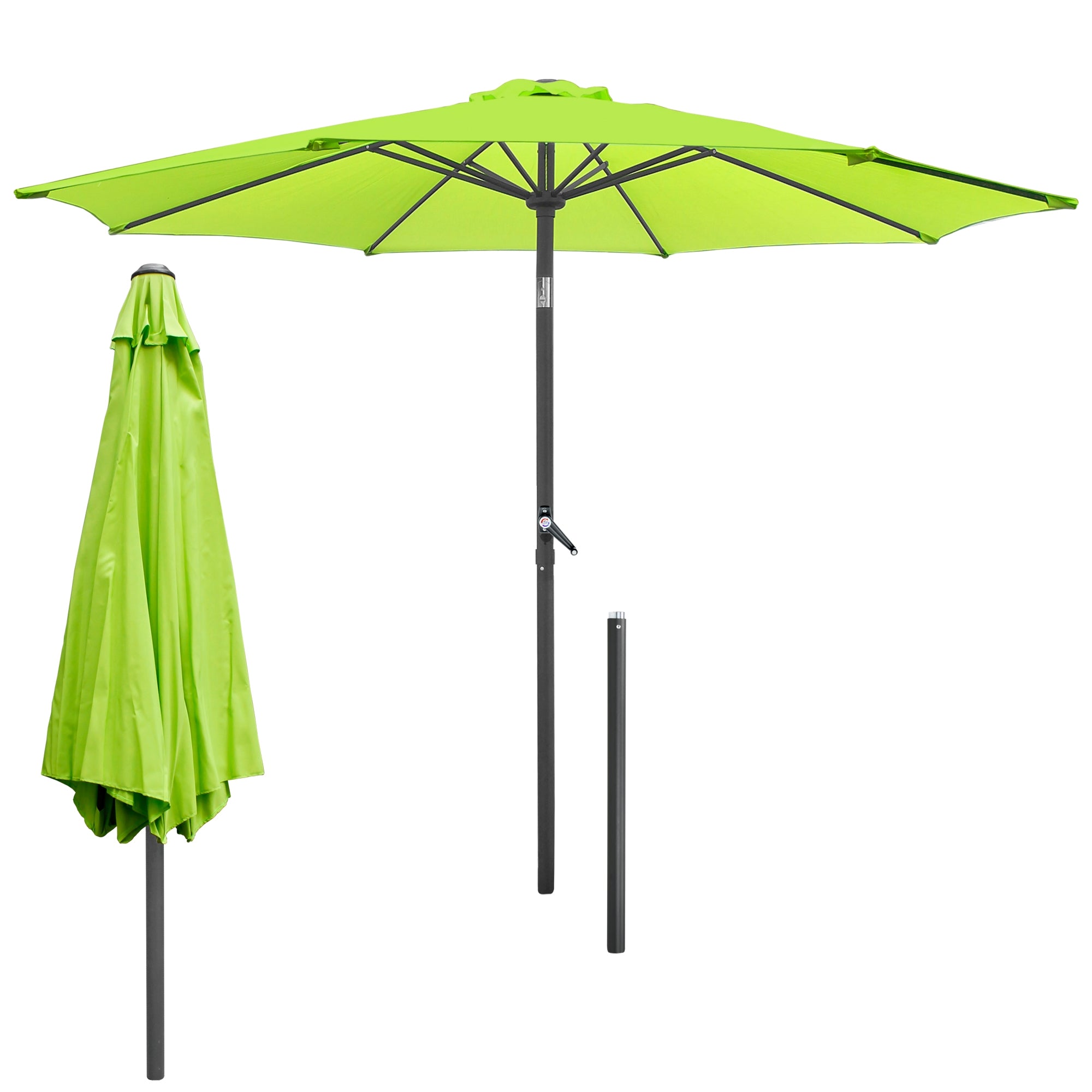 Grüner Sonnenschirm mit zusammengeklapptem Bezug und Gestell.