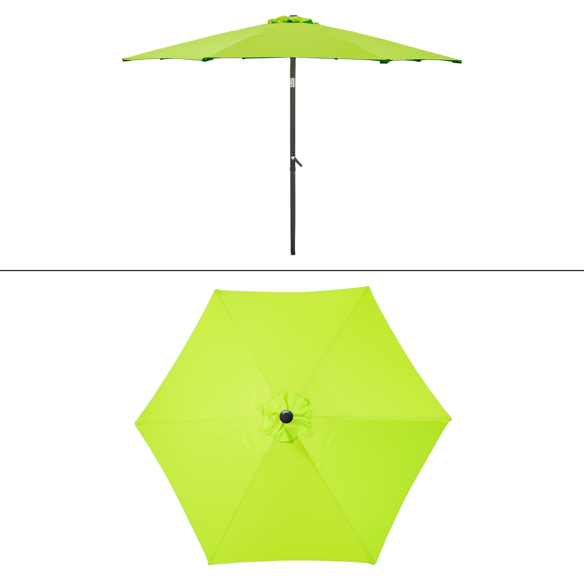 Grüner Sonnenschirm von oben und seitlich auf weißem Hintergrund.