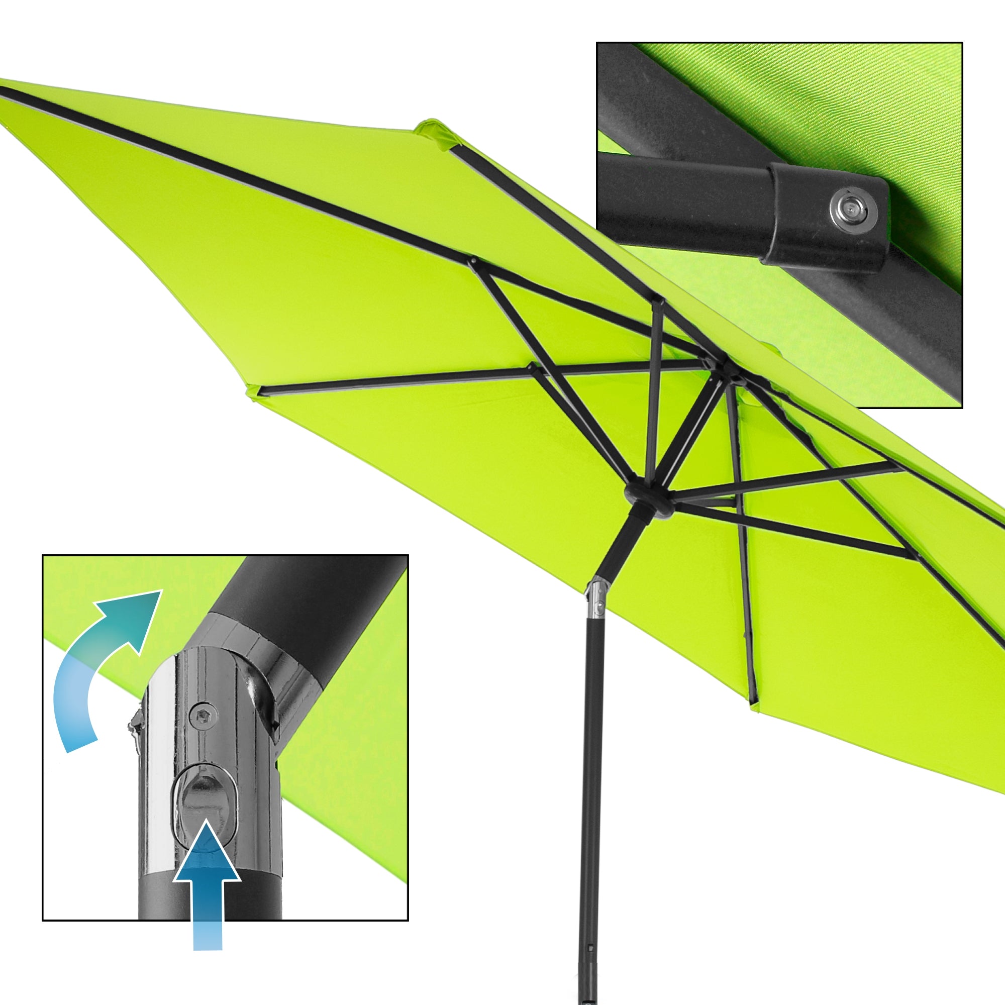 Grøn parasol med sort stel og detaljevisning af parasolmekanismen.