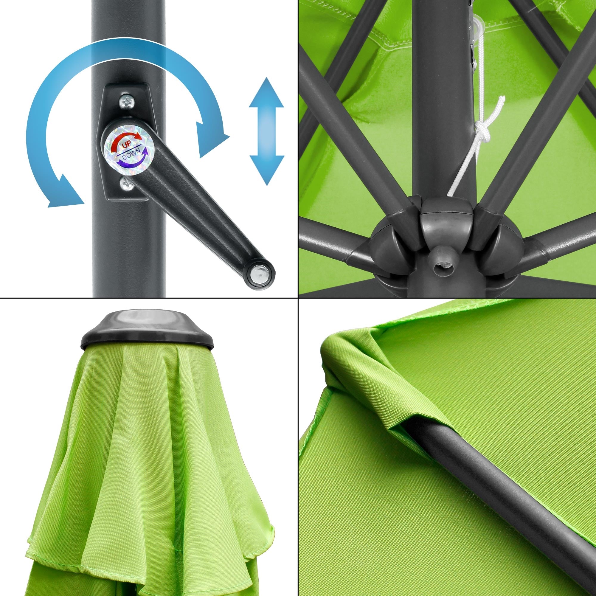 Detaljevisning af en parasol med mekanisme og stofdetaljer.