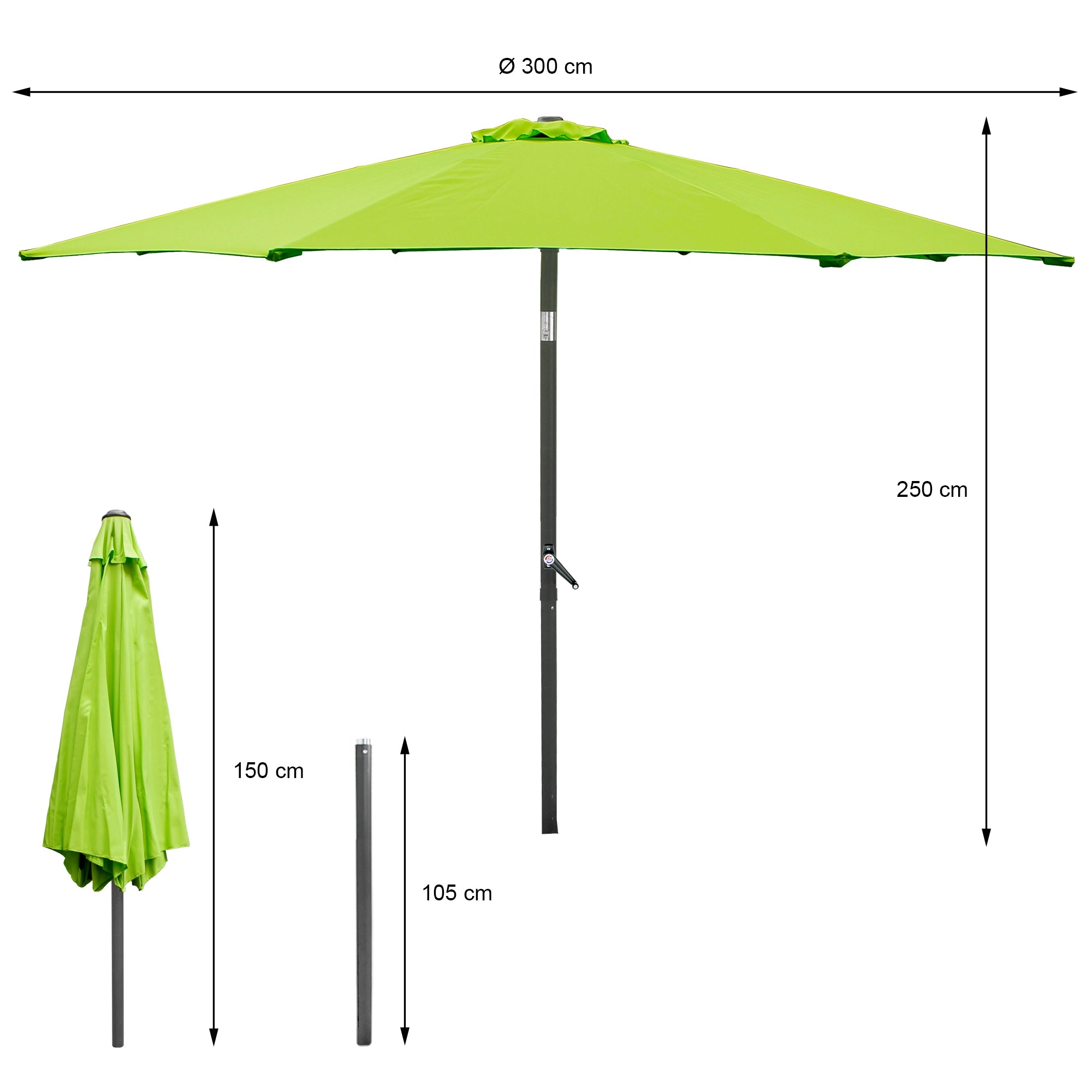Grüner Sonnenschirm mit Maßen, aufgestellt und zusammengeklappt.