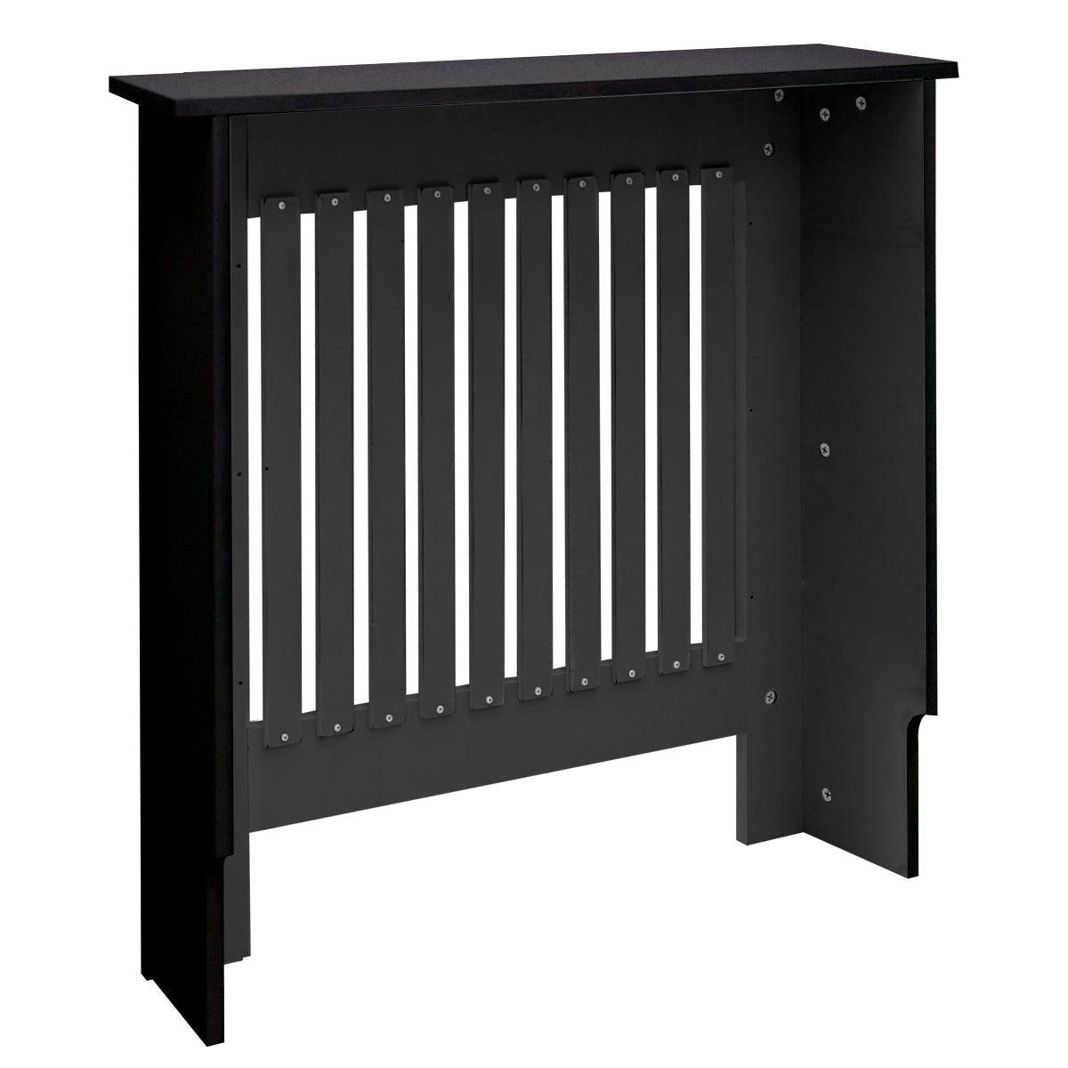 Vue latérale d'un habillage de radiateur noir avec des lamelles verticales.