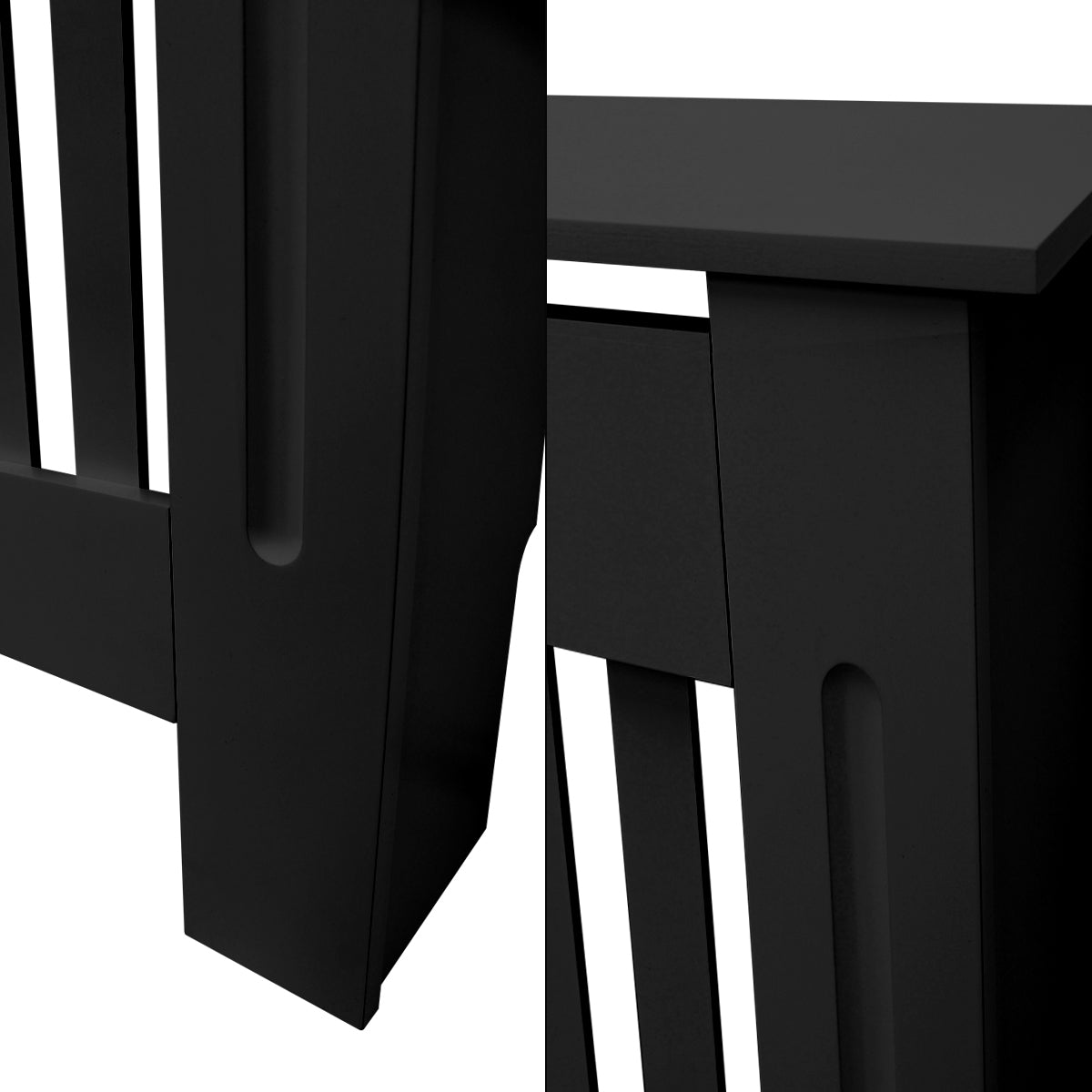 Gros plan d'un meuble noir avec des barres verticales.