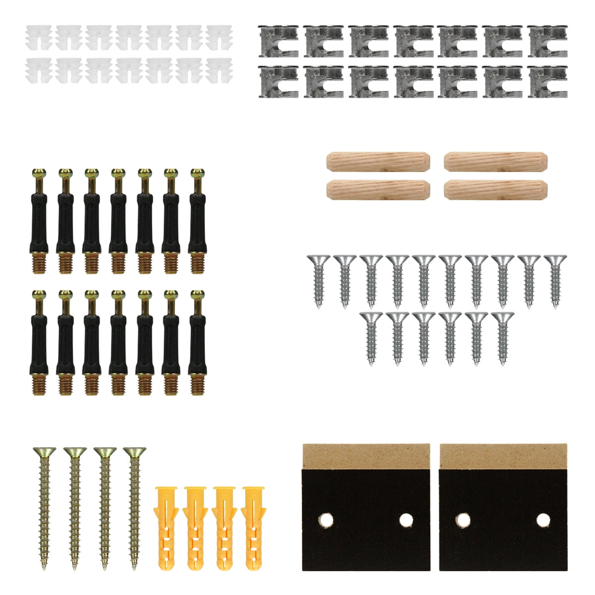 Assembly kit with various mounting elements, screws, and dowels on a light background.
