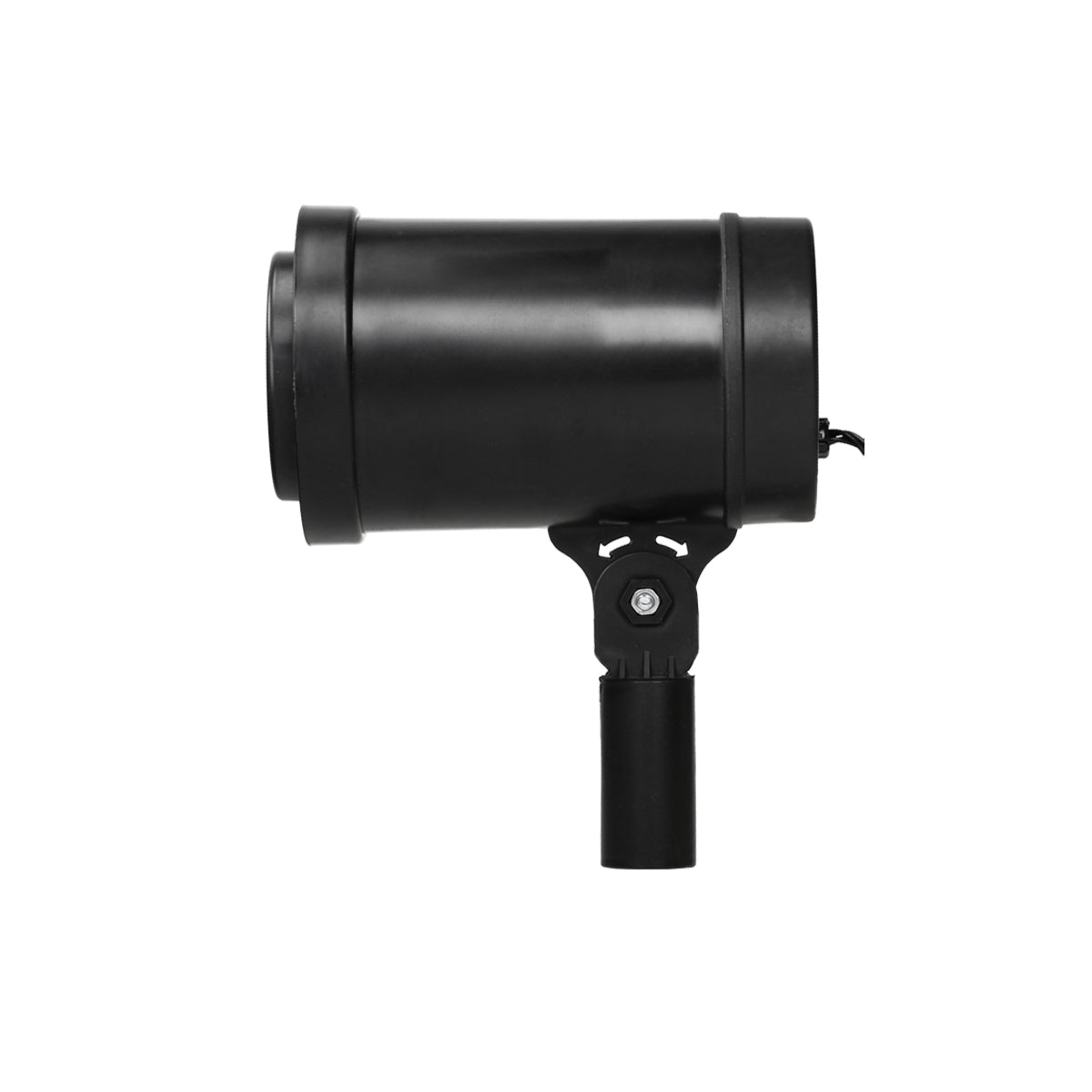 Schwarze Lampe mit einem runden Gehäuse und einem Halter.